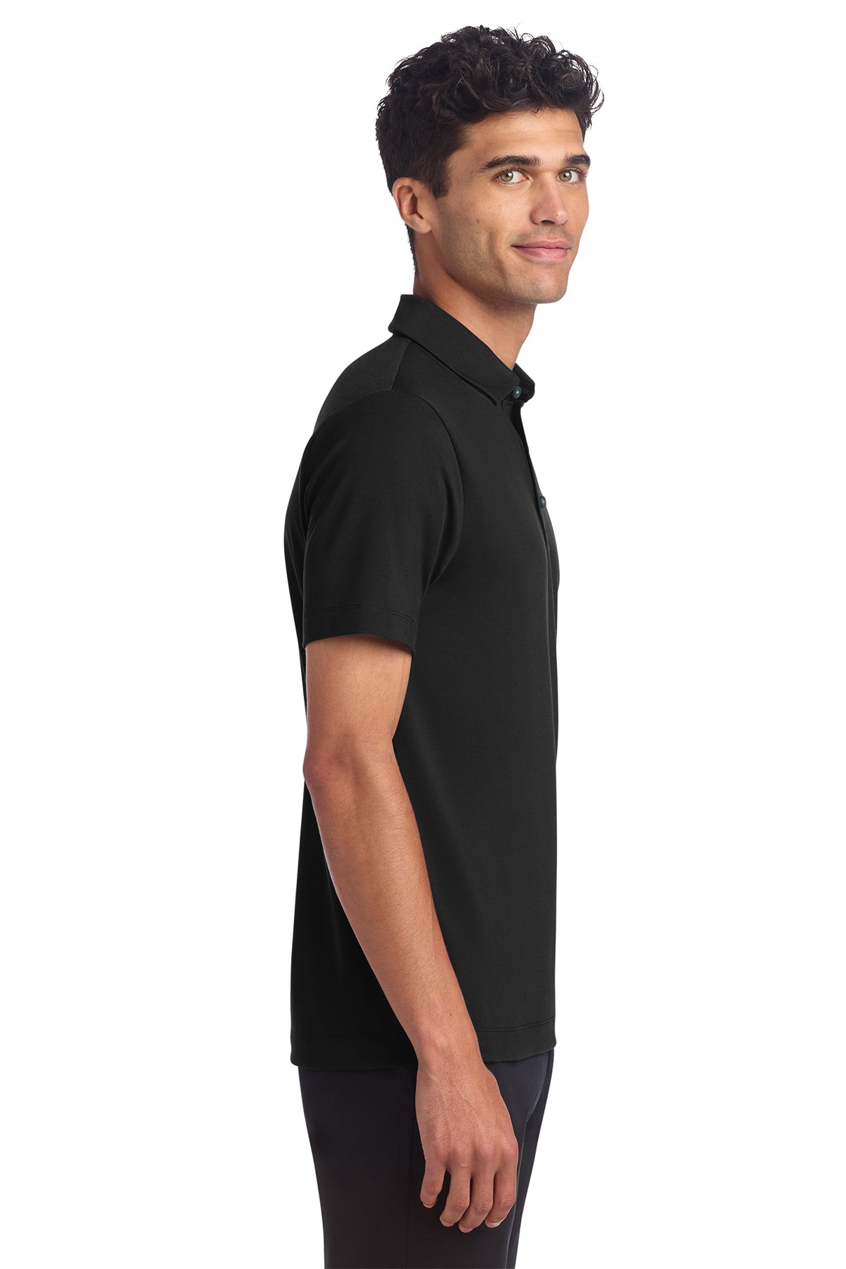 Mercer+Mettle Stretch Jersey Polo in Deep Black, side on model