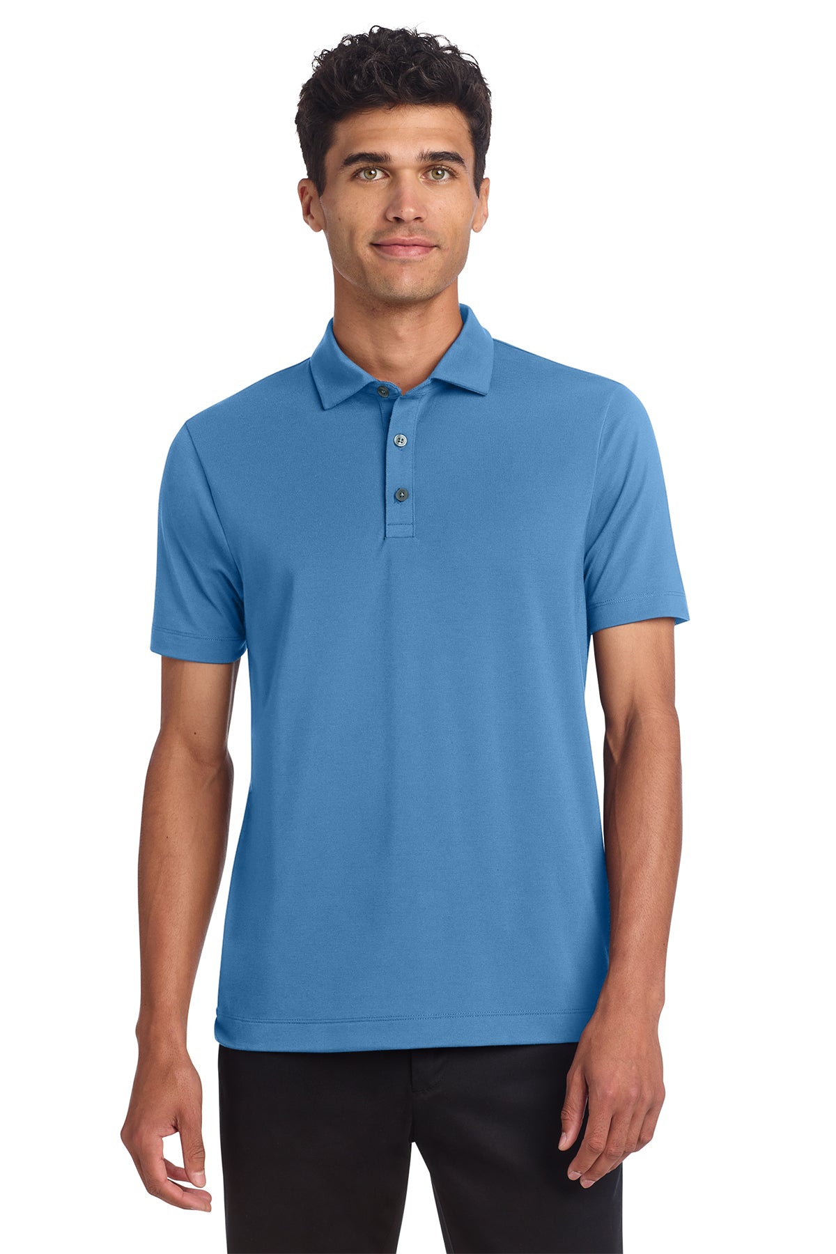 Mercer+Mettle Stretch Jersey Polo in Parisian Blue, front on model