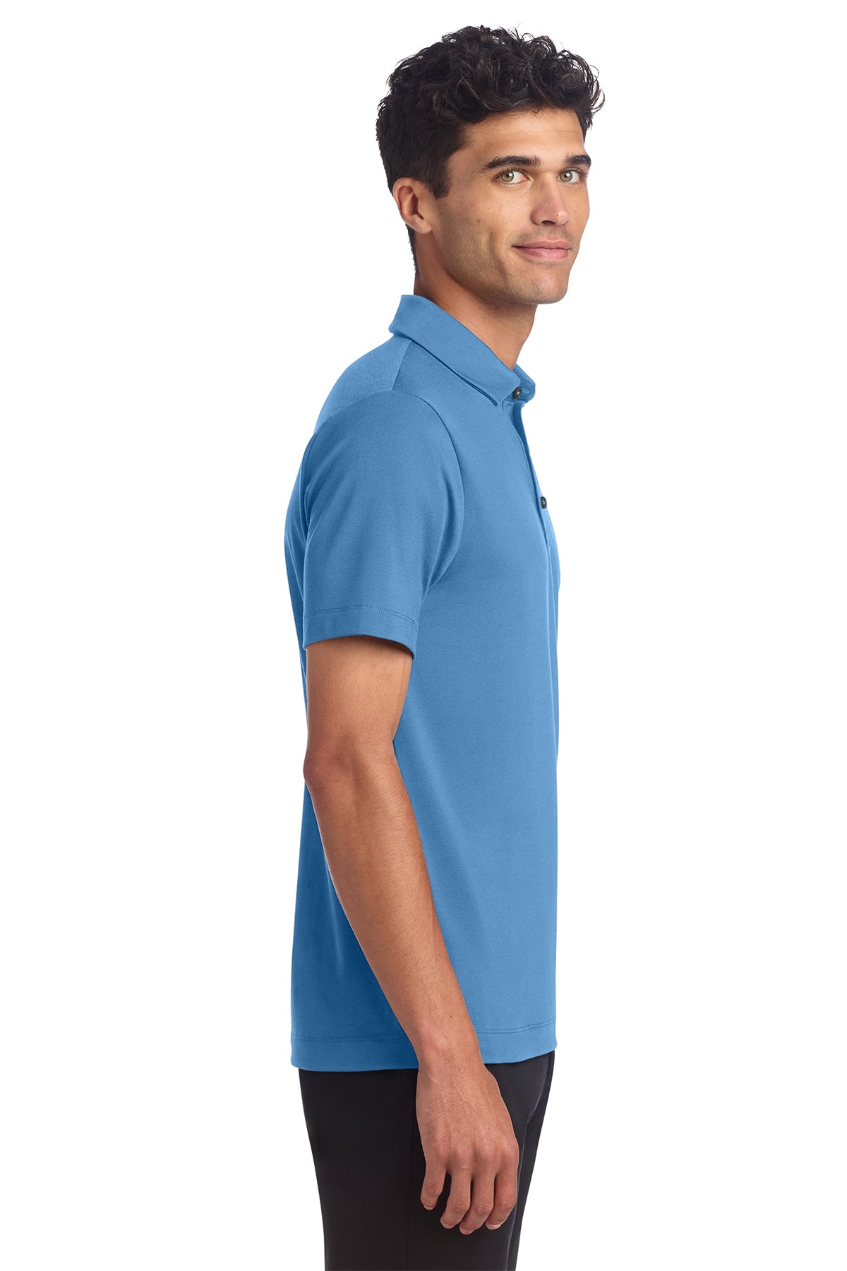 Mercer+Mettle Stretch Jersey Polo in Parisian Blue, side on model