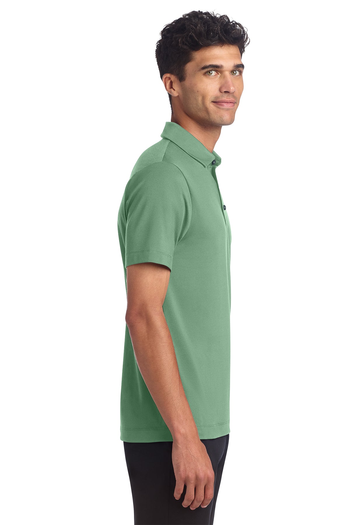 Mercer+Mettle Stretch Jersey Polo in Sage, side on model