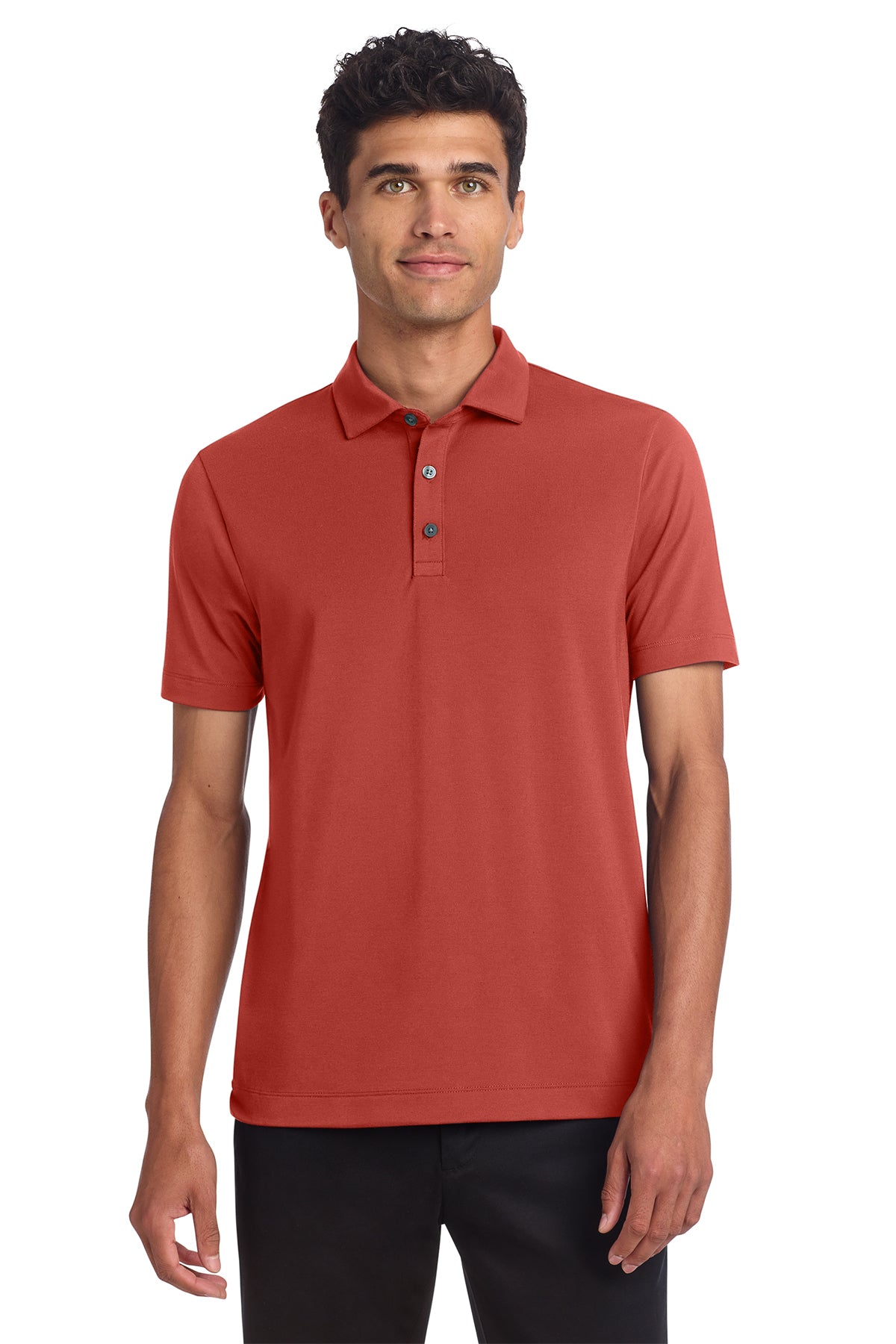Mercer+Mettle Stretch Jersey Polo in Terracotta, front on model