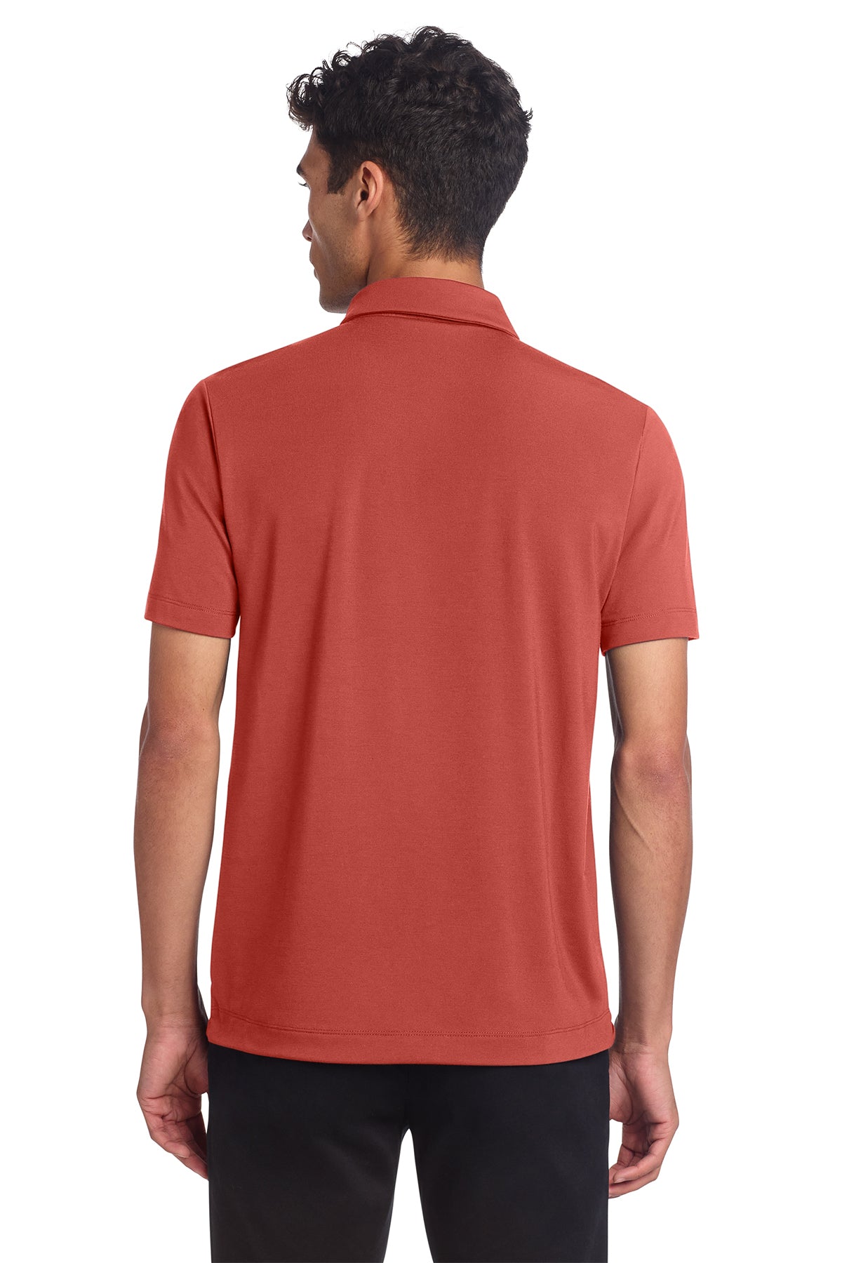Mercer+Mettle Stretch Jersey Polo in Terracotta, back on model