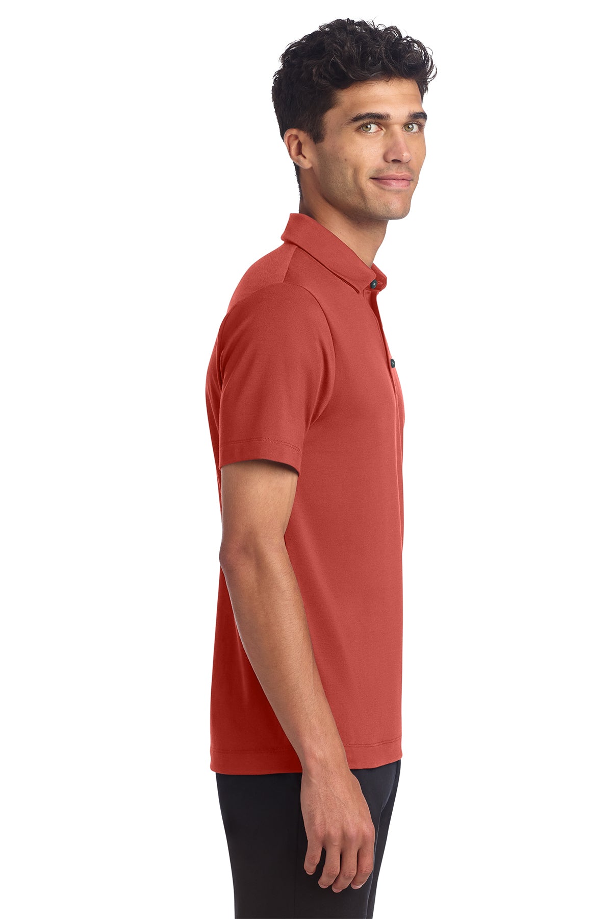 Mercer+Mettle Stretch Jersey Polo in Terracotta, side on model