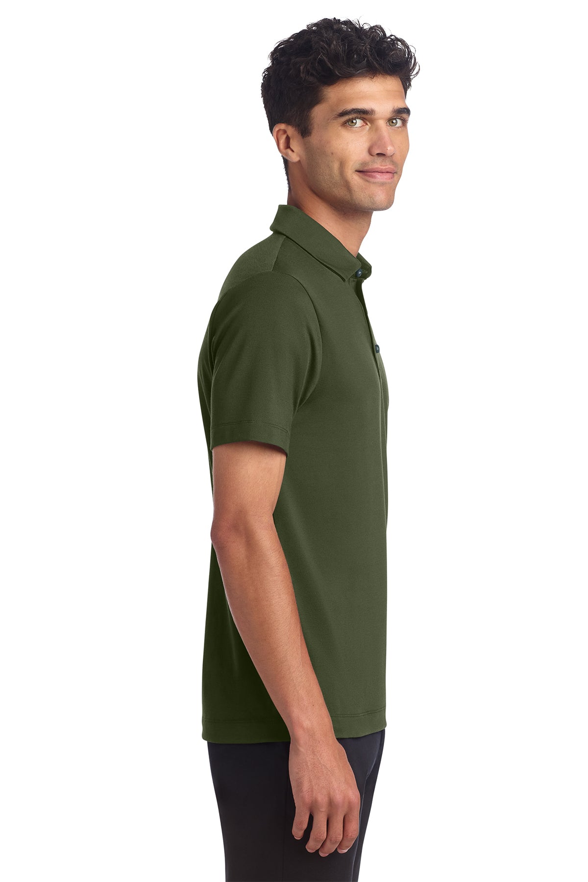 Mercer+Mettle Stretch Jersey Polo in Townsend Green, side on model