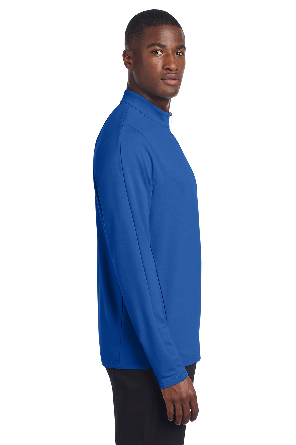 Mercer+Mettle Stretch 1/4-Zip Pullover in Blue Note, side on model