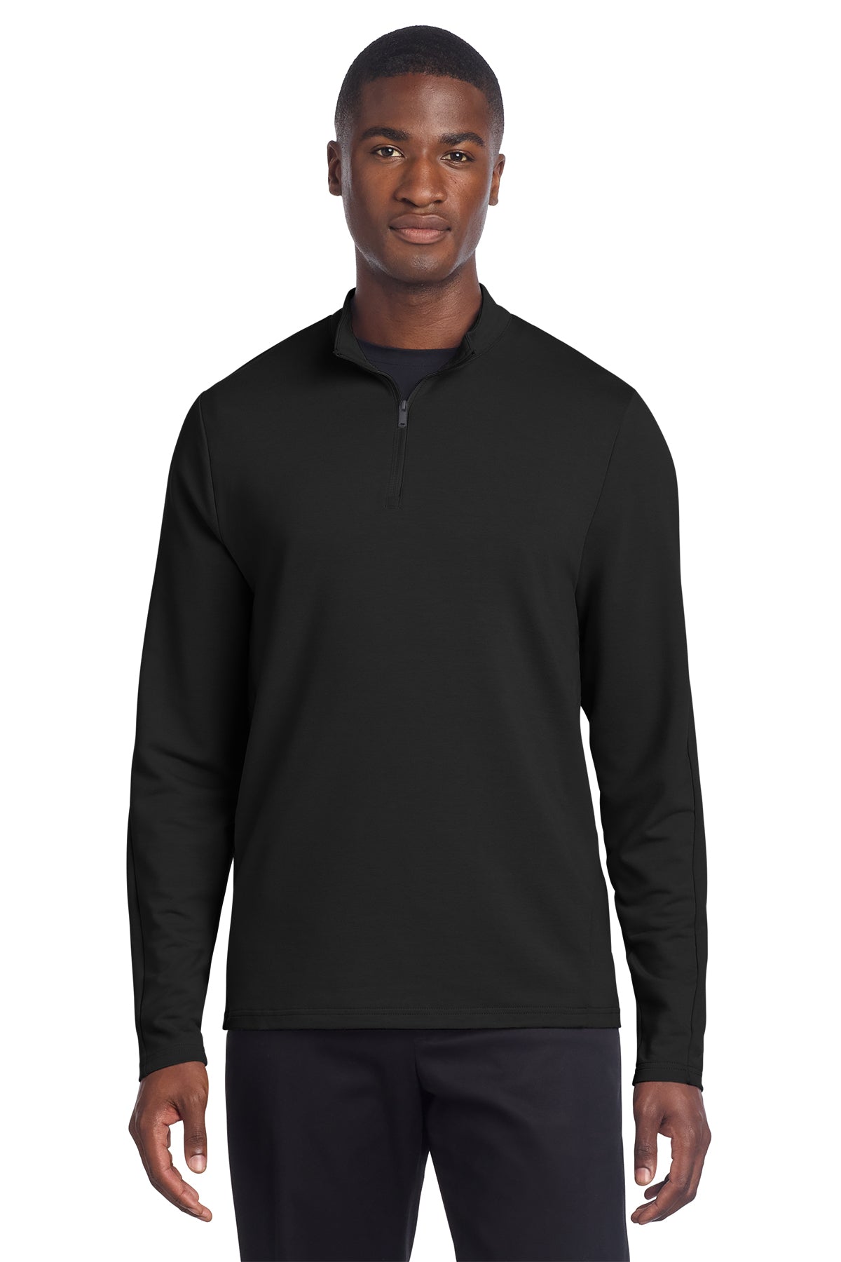Mercer+Mettle Stretch 1/4-Zip Pullover in Deep Black, front on model