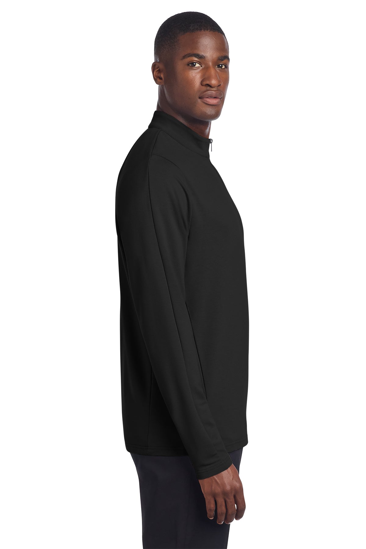 Mercer+Mettle Stretch 1/4-Zip Pullover in Deep Black, side on model