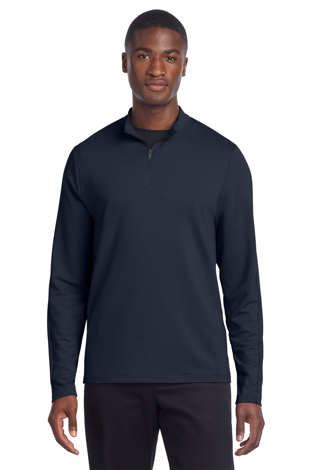 Mercer+Mettle Stretch 1/4-Zip Pullover in Night Navy, front on model