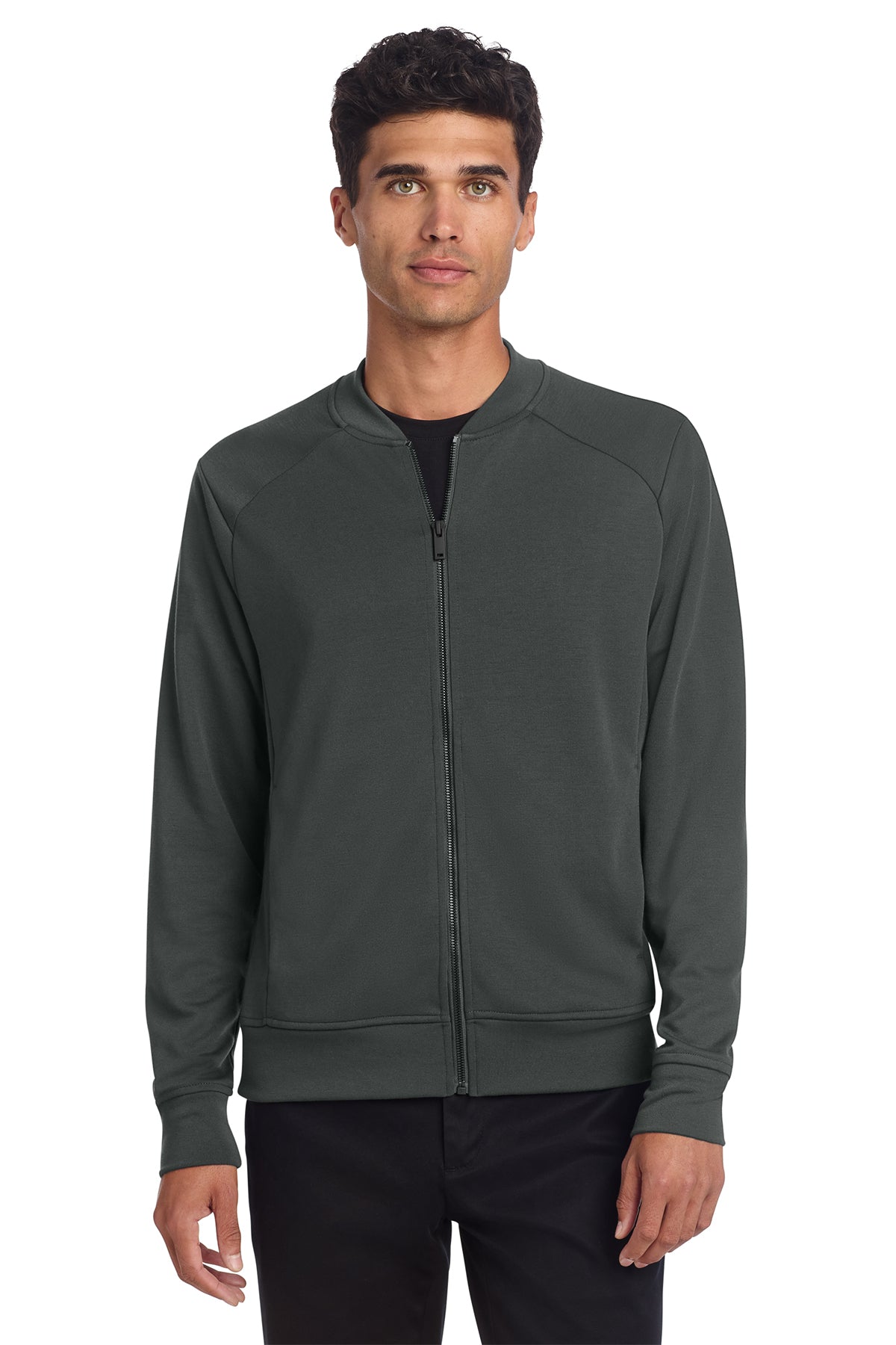 Mercer+Mettle Double-Knit Bomber in Anchor Grey, front on model