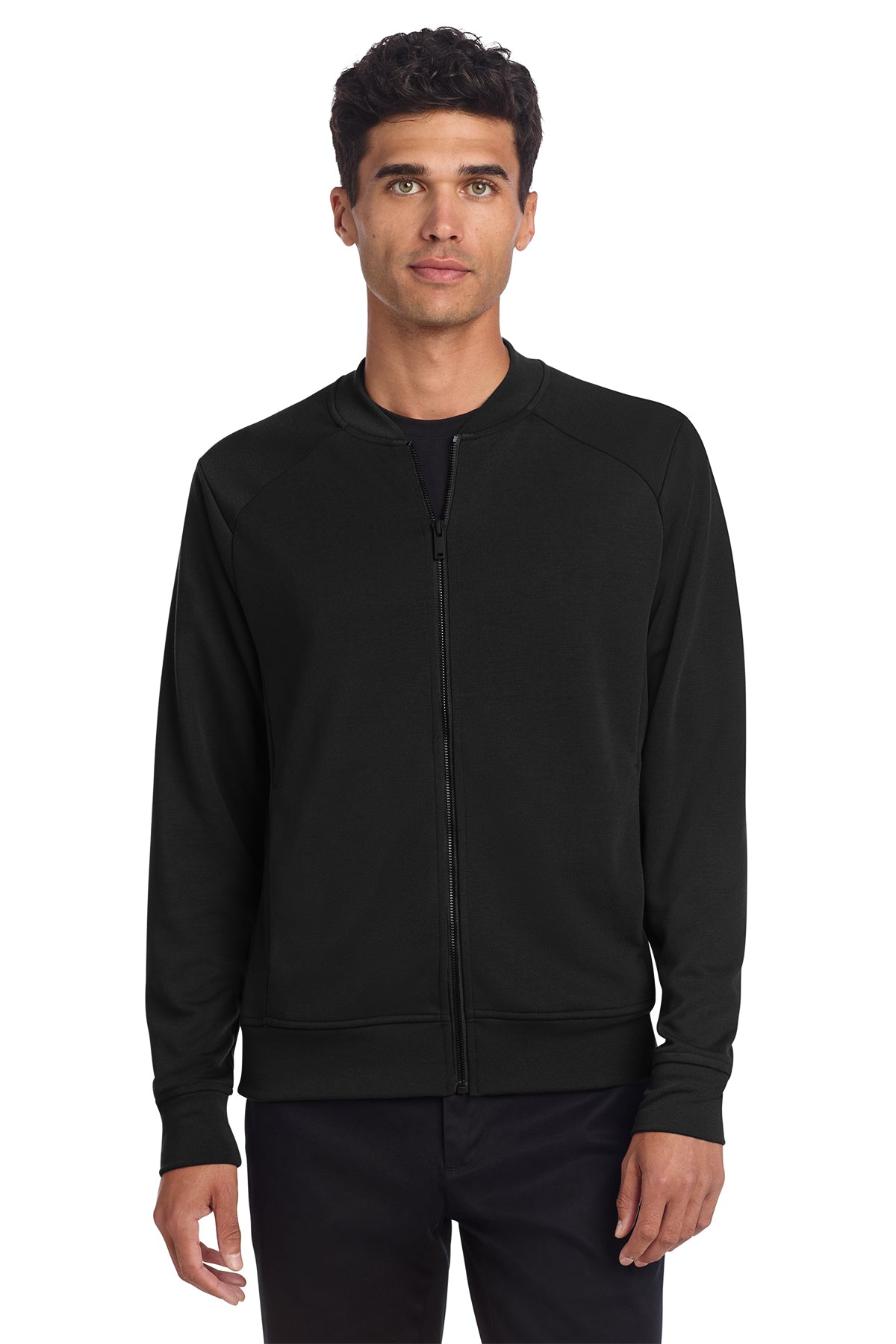 Mercer+Mettle Double-Knit Bomber in Deep Black, front on model