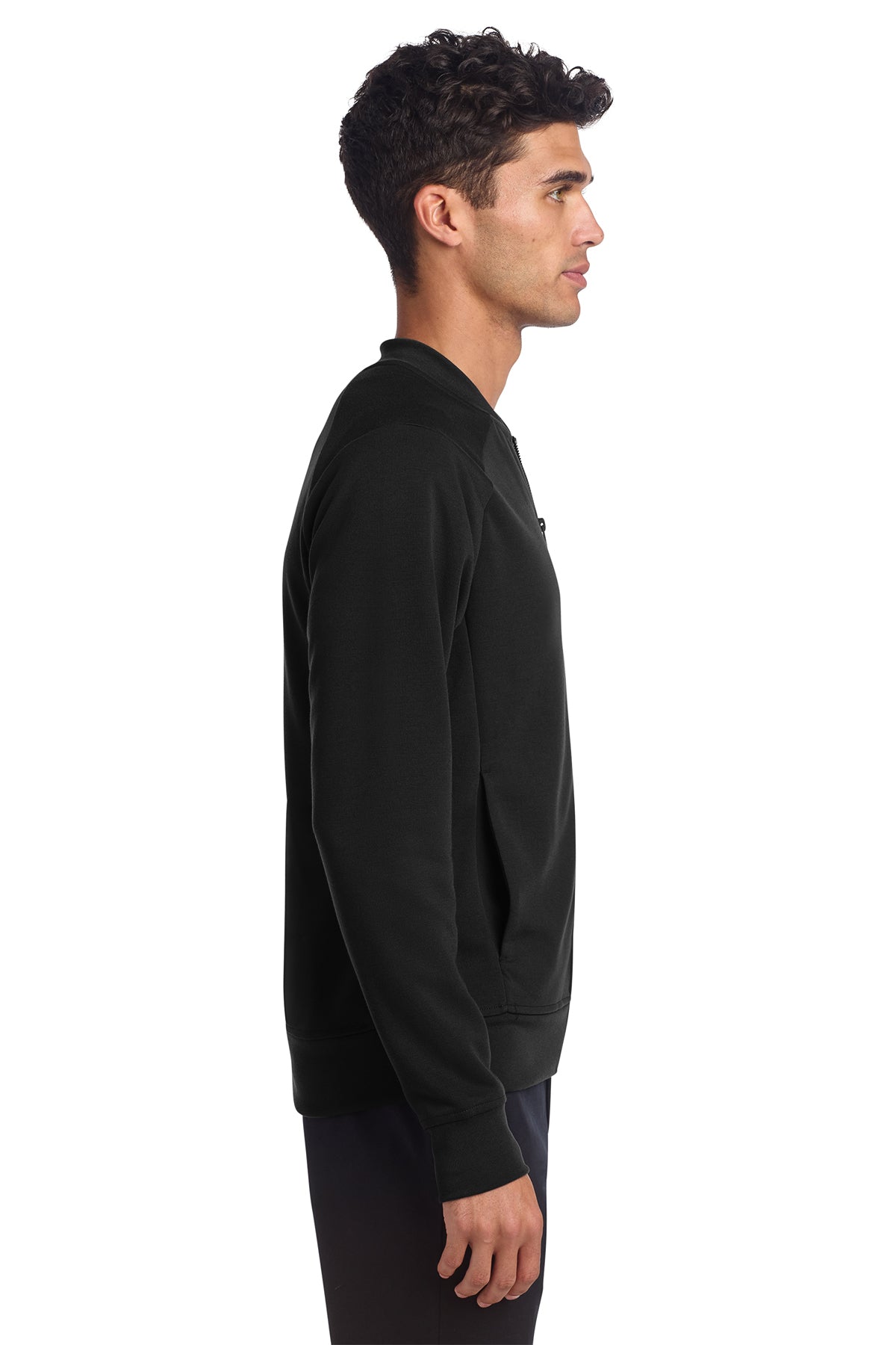 Mercer+Mettle Double-Knit Bomber in Deep Black, side on model