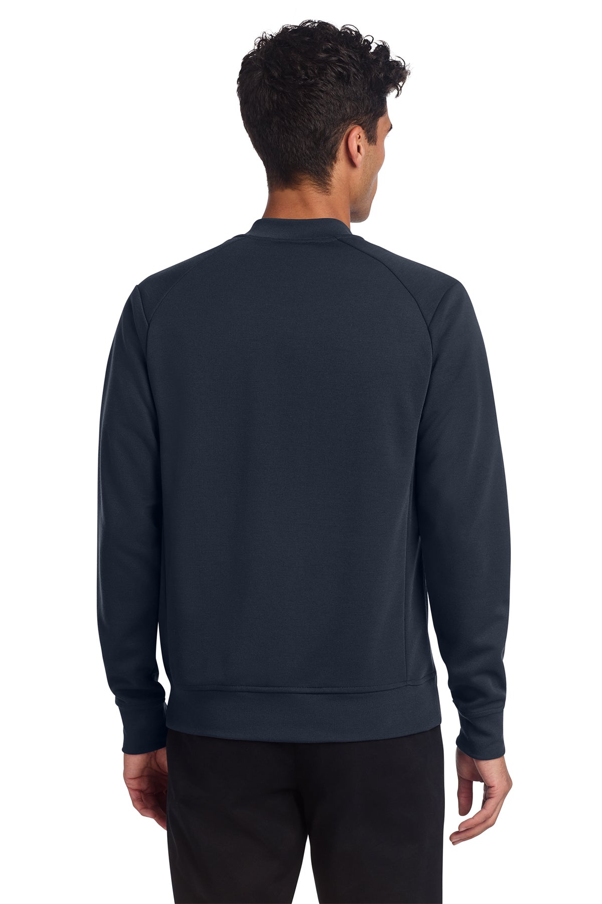 Mercer+Mettle Double-Knit Bomber in Night Navy, back on model
