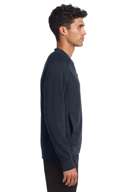 Mercer+Mettle Double-Knit Bomber in Night Navy, side on model