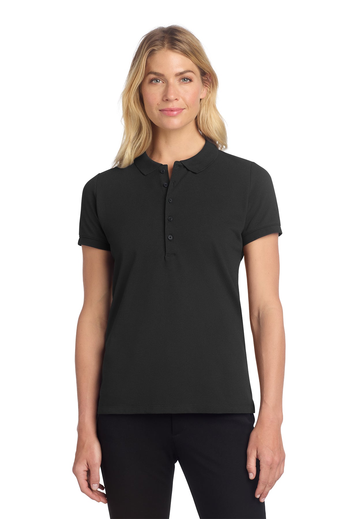 Mercer+Mettle Women’s Stretch Heavyweight Pique Polo in Deep Black, front on model