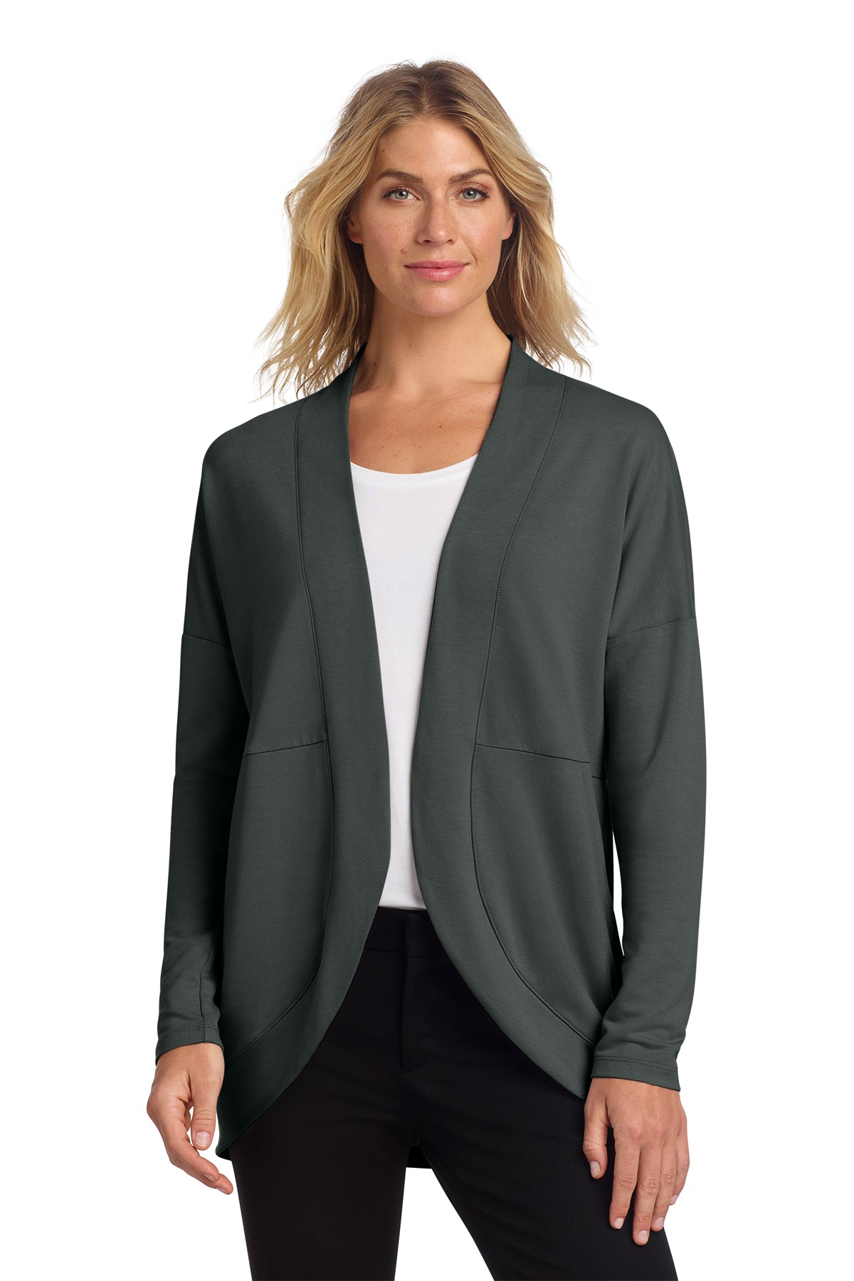 Mercer+Mettle Women’s Stretch Open-Front Cardigan in Anchor Grey, front on model