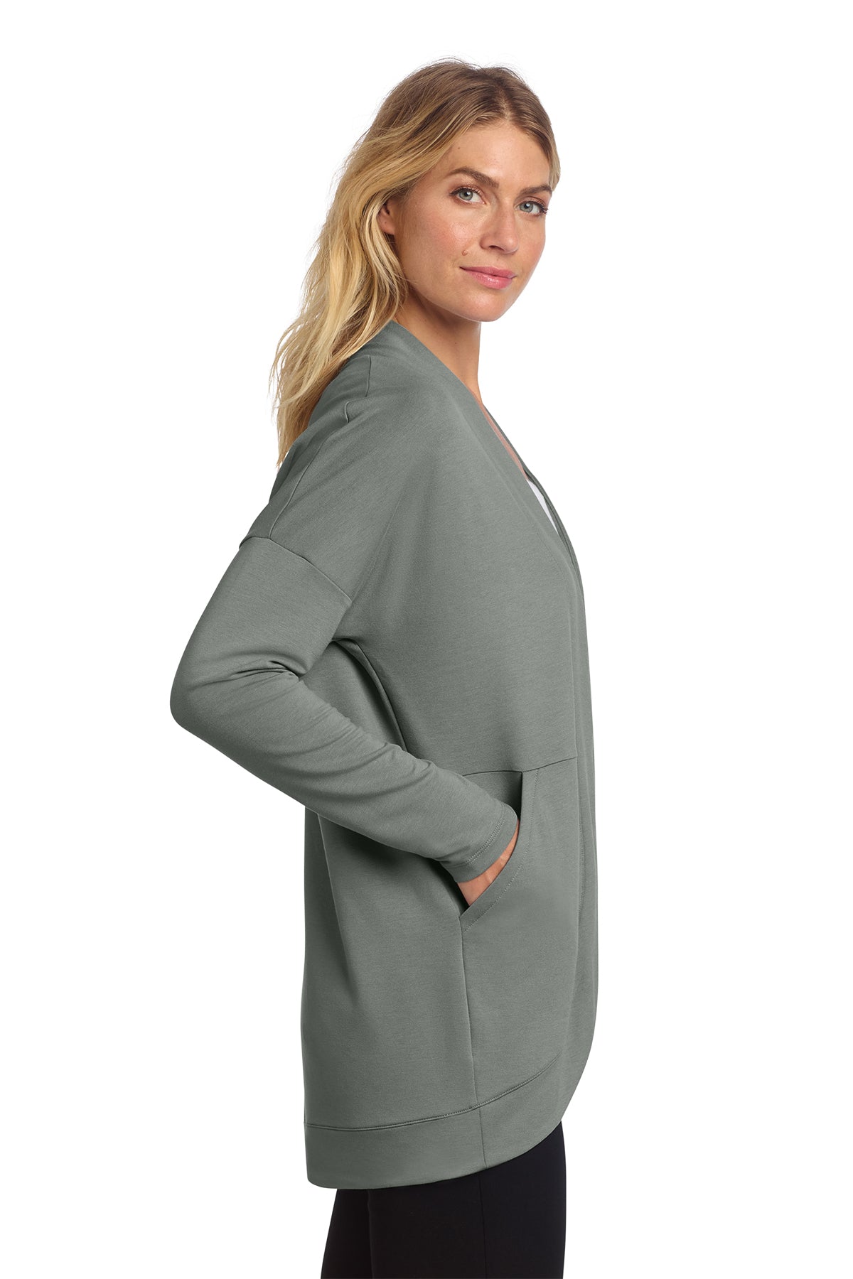 Mercer+Mettle Women’s Stretch Open-Front Cardigan in Gusty Grey, side on model