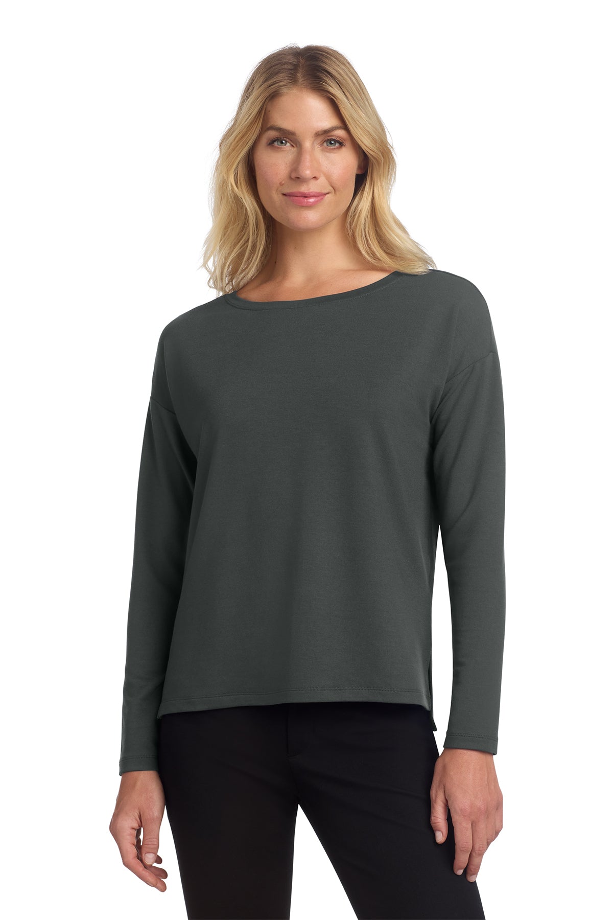 Mercer+Mettle Women's Stretch Drop Shoulder Pullover in Anchor Grey, front on model