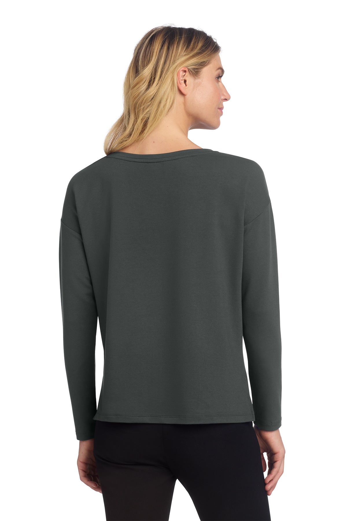 Mercer+Mettle Women's Stretch Drop Shoulder Pullover in Anchor Grey, back on model
