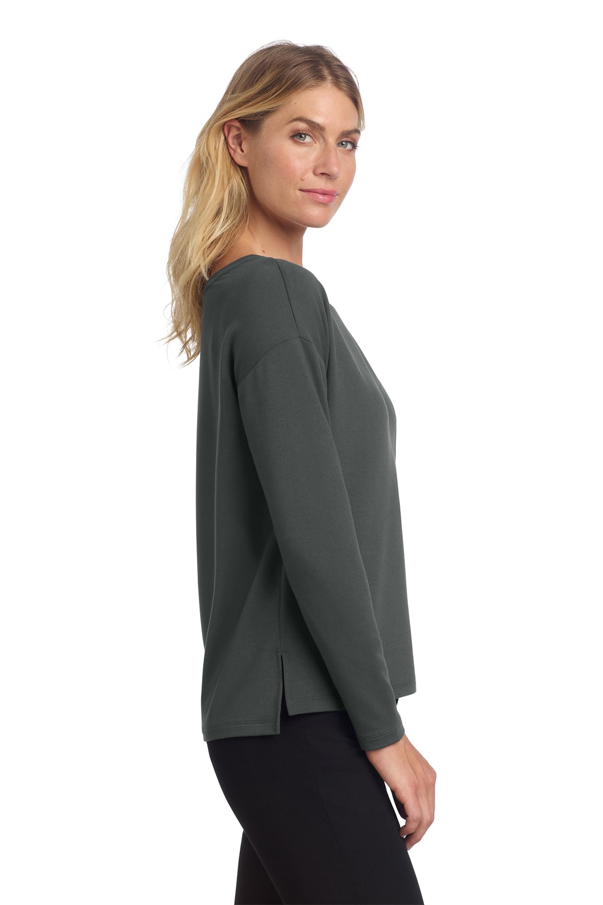 Mercer+Mettle Women's Stretch Drop Shoulder Pullover in Anchor Grey, side on model