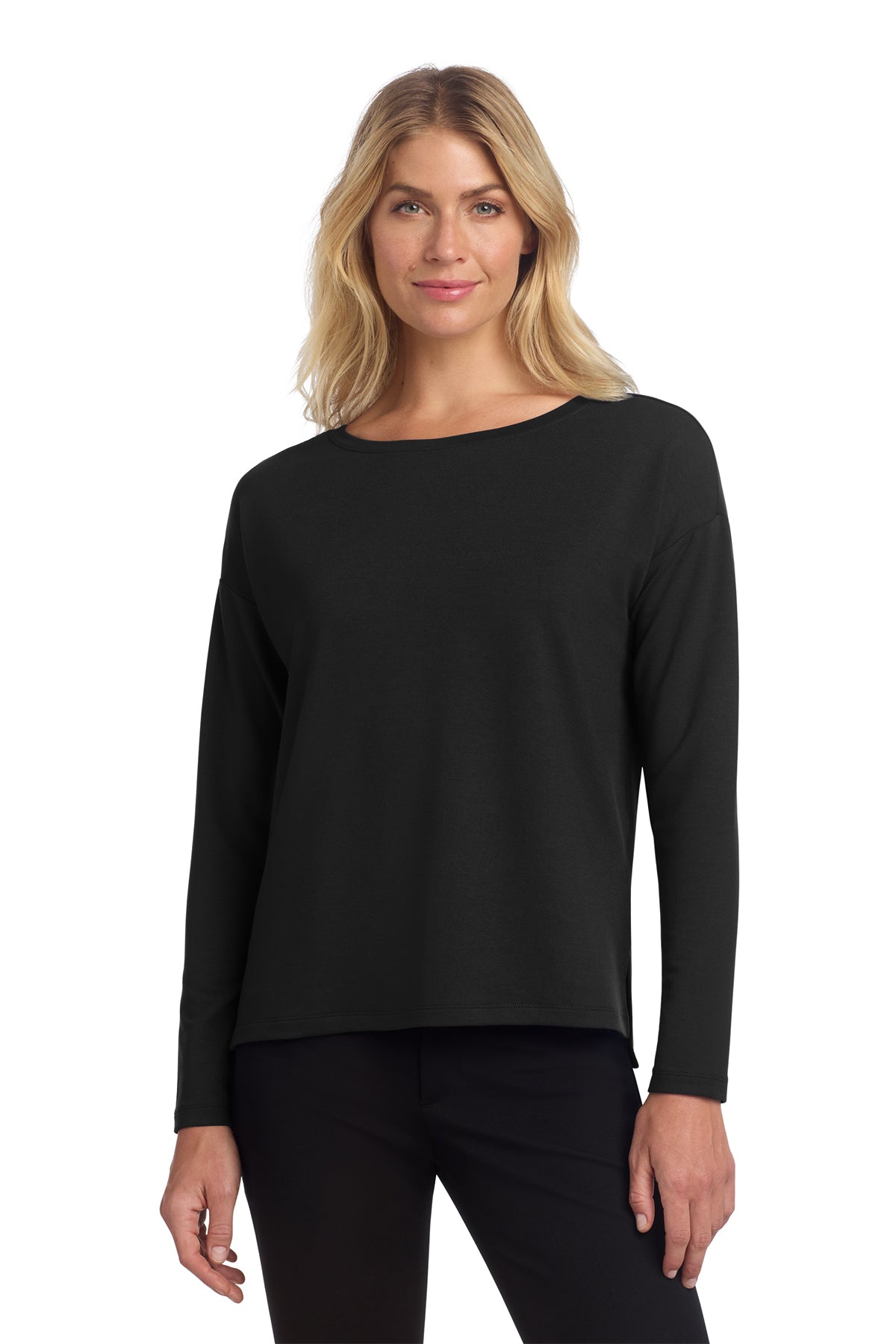 Mercer+Mettle Women's Stretch Drop Shoulder Pullover in Deep Black, front on model