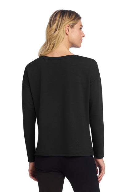 Mercer+Mettle Women's Stretch Drop Shoulder Pullover in Deep Black, back on model