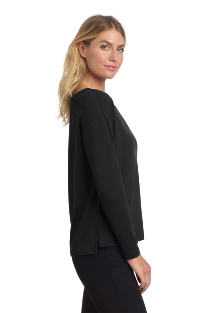 Mercer+Mettle Women's Stretch Drop Shoulder Pullover in Deep Black, side on model