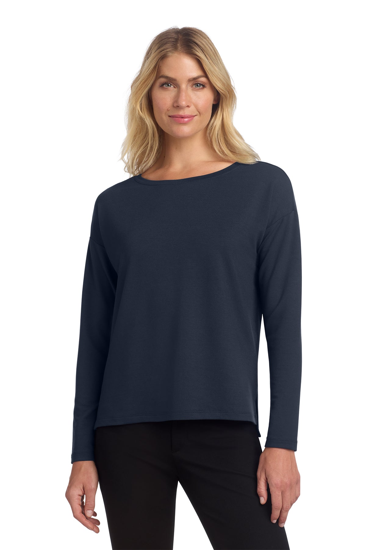 Mercer+Mettle Women's Stretch Drop Shoulder Pullover in Night Navy, front on model