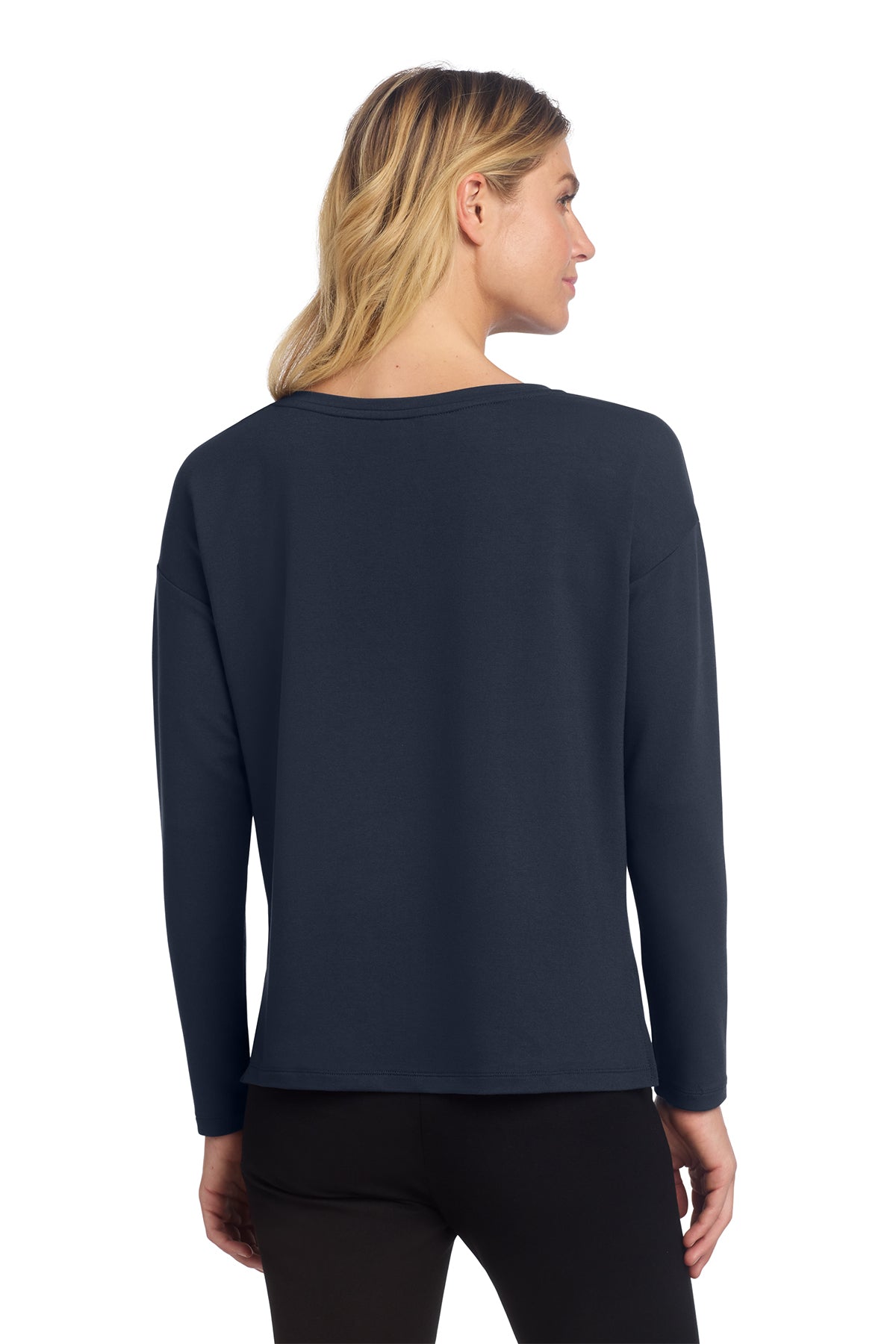 Mercer+Mettle Women's Stretch Drop Shoulder Pullover in Night Navy, back on model