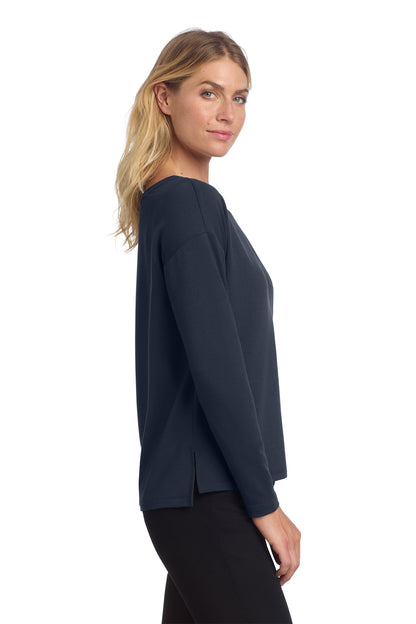 Mercer+Mettle Women's Stretch Drop Shoulder Pullover in Night Navy, side on model