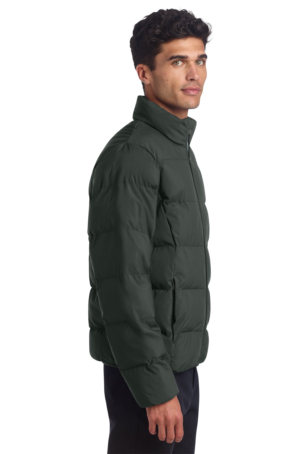 Mercer+Mettle Puffy Jacket in Anchor Grey, side on model