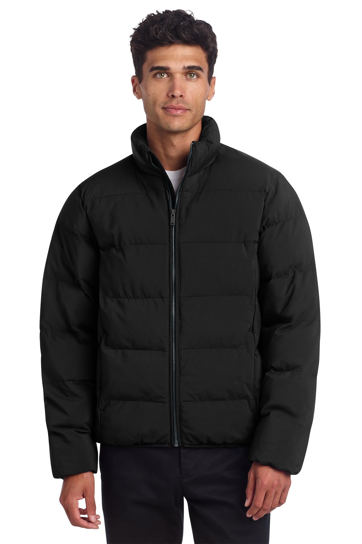 Mercer+Mettle Puffy Jacket in Deep Black, front on model