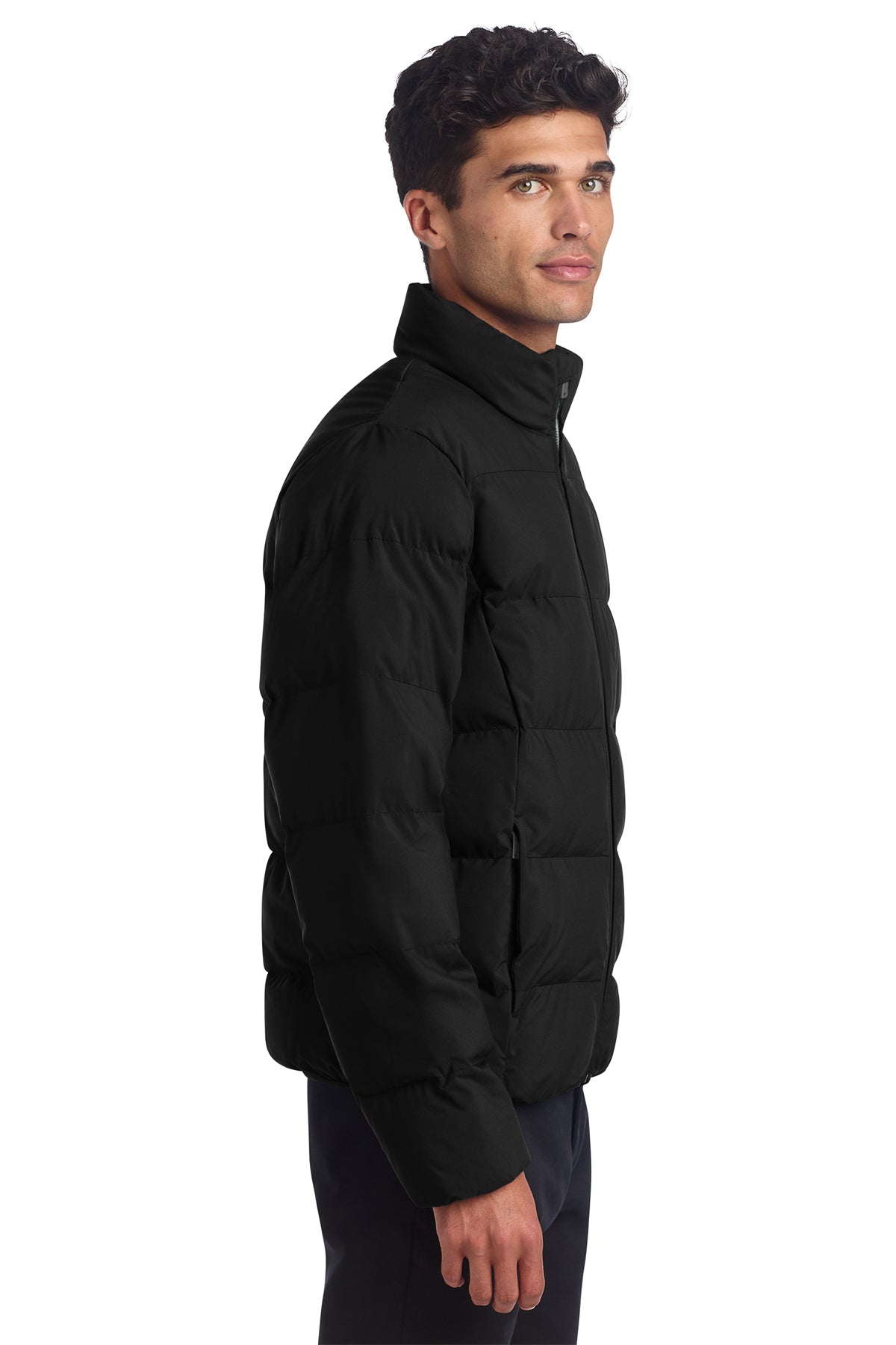 Mercer+Mettle Puffy Jacket in Deep Black, side on model