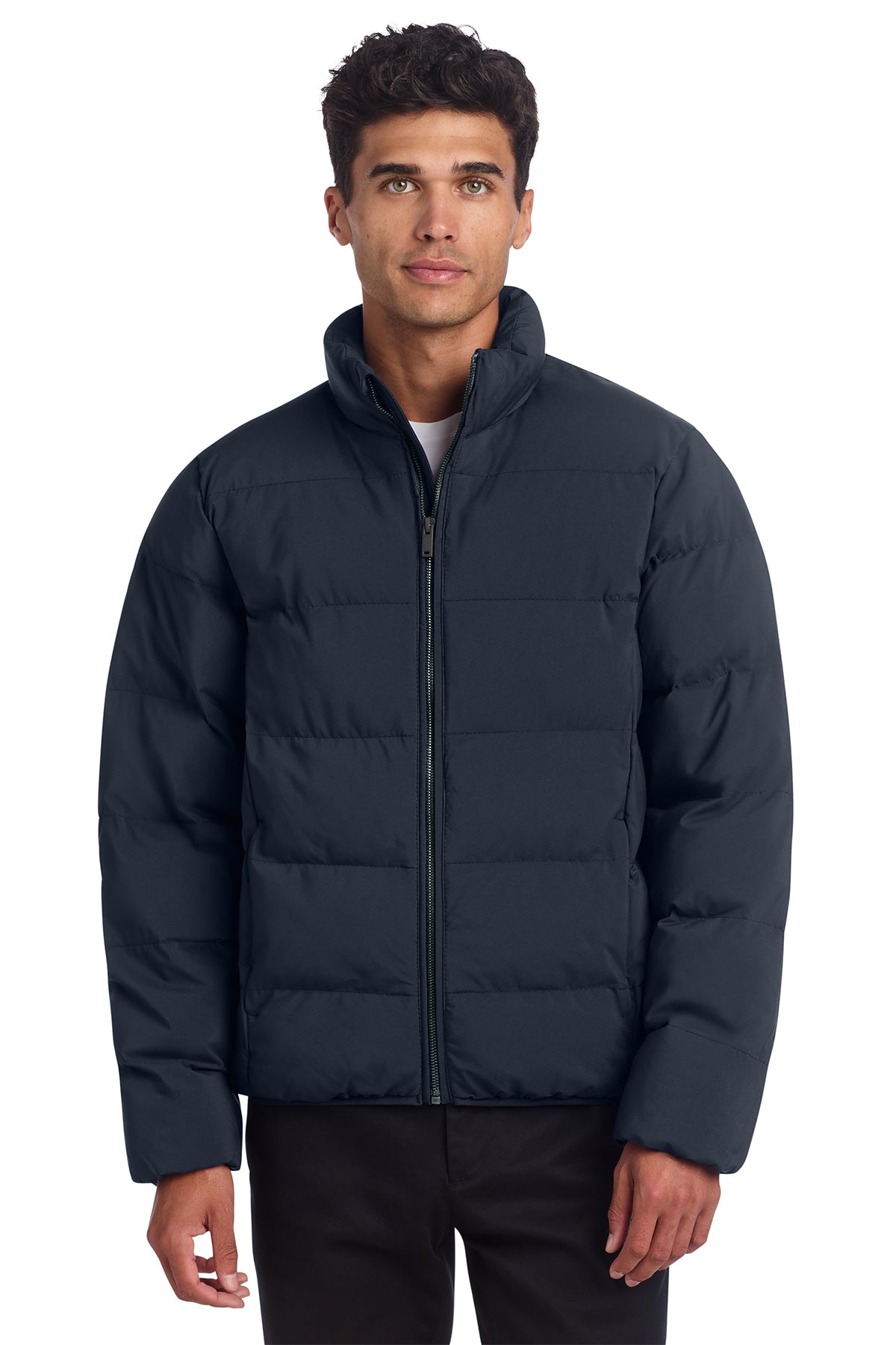 Mercer+Mettle Puffy Jacket in Night Navy, front on model