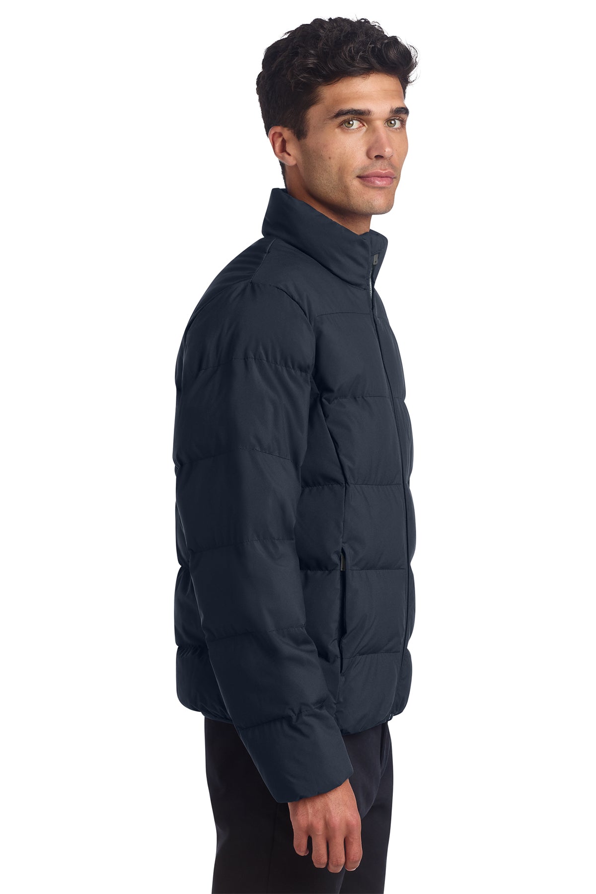 Mercer+Mettle Puffy Jacket in Night Navy, side on model