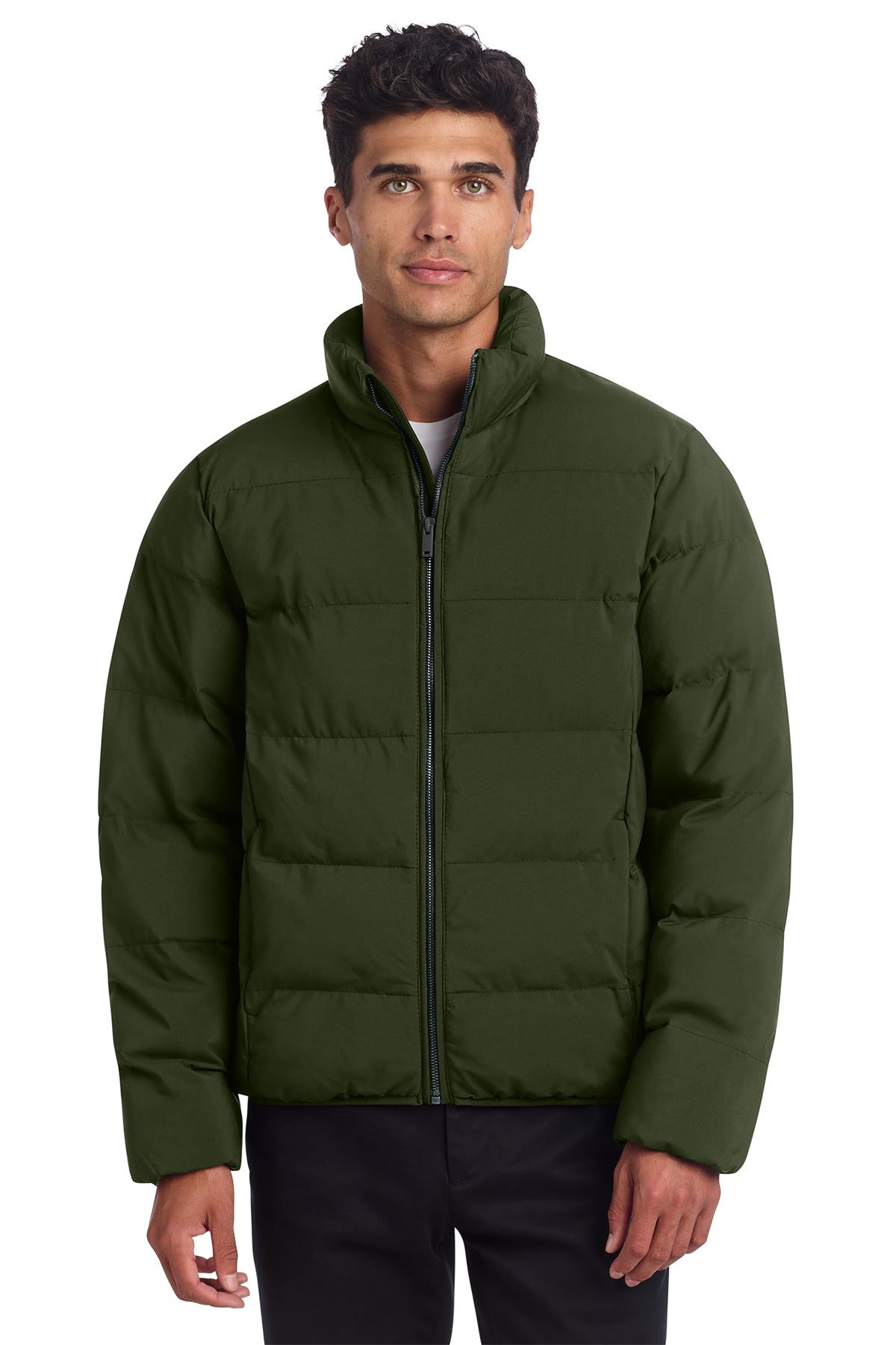 Mercer+Mettle Puffy Jacket in Townsend Green, front on model