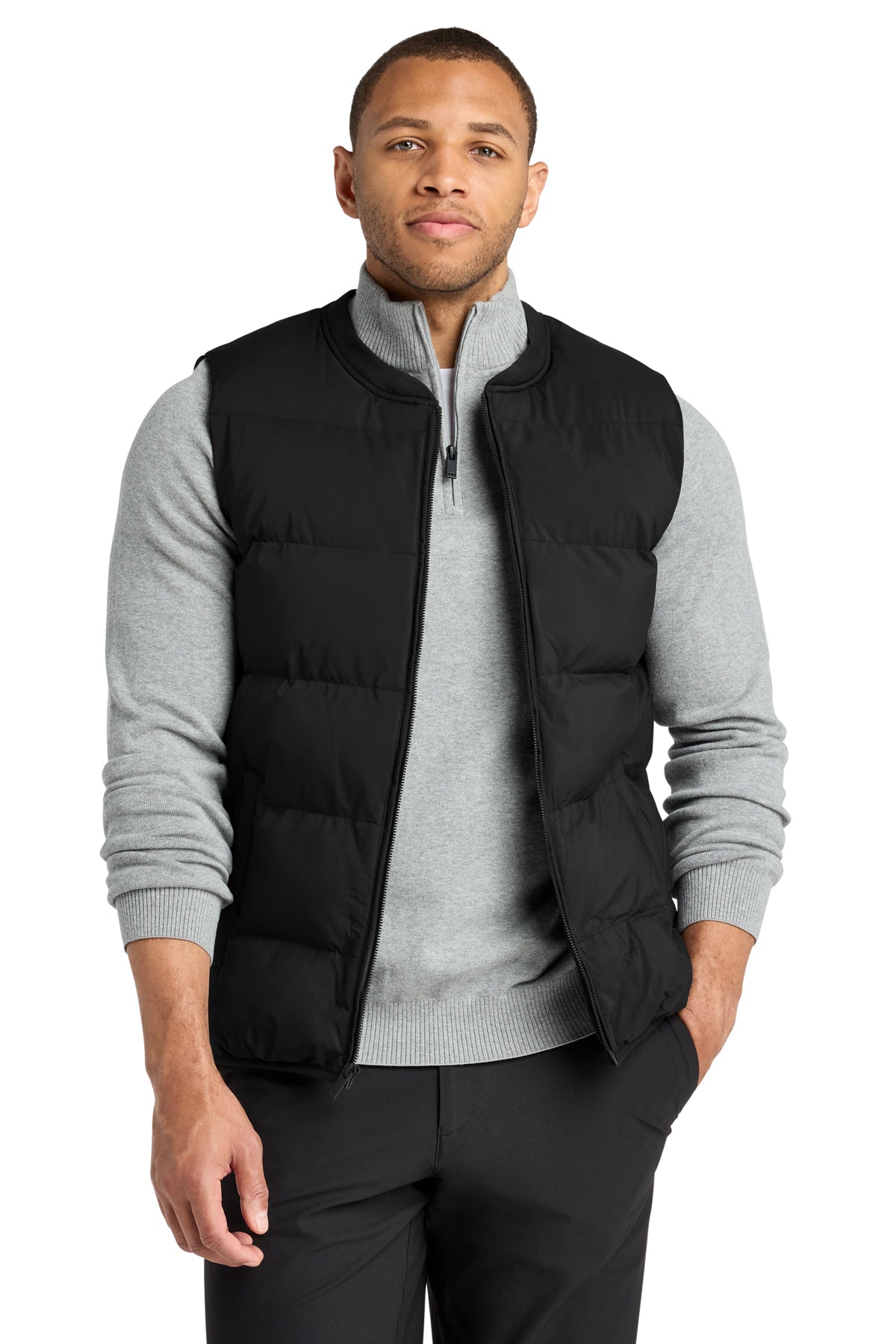 Mercer+Mettle Puffy Vest in Deep Black, front on model