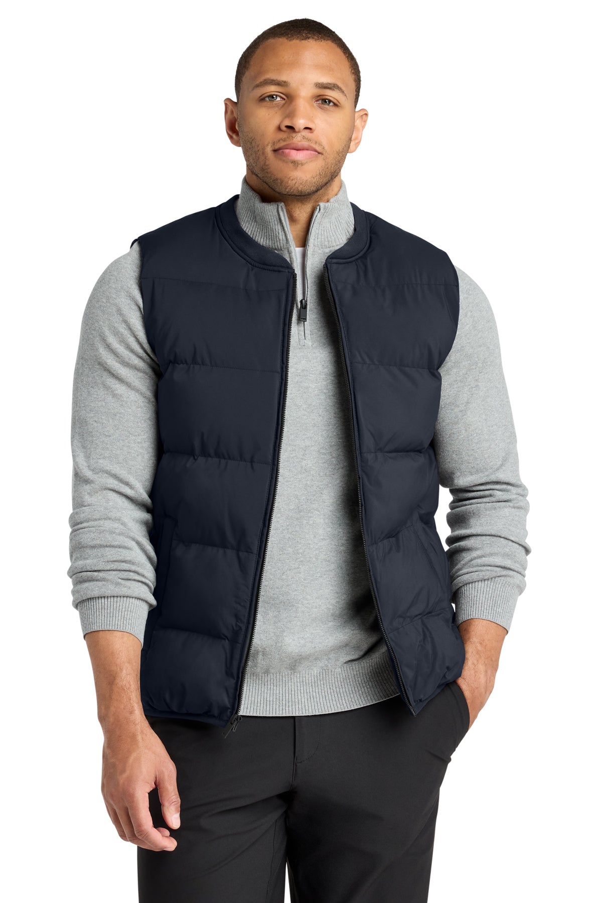 Mercer+Mettle Puffy Vest in Night Navy, front on model