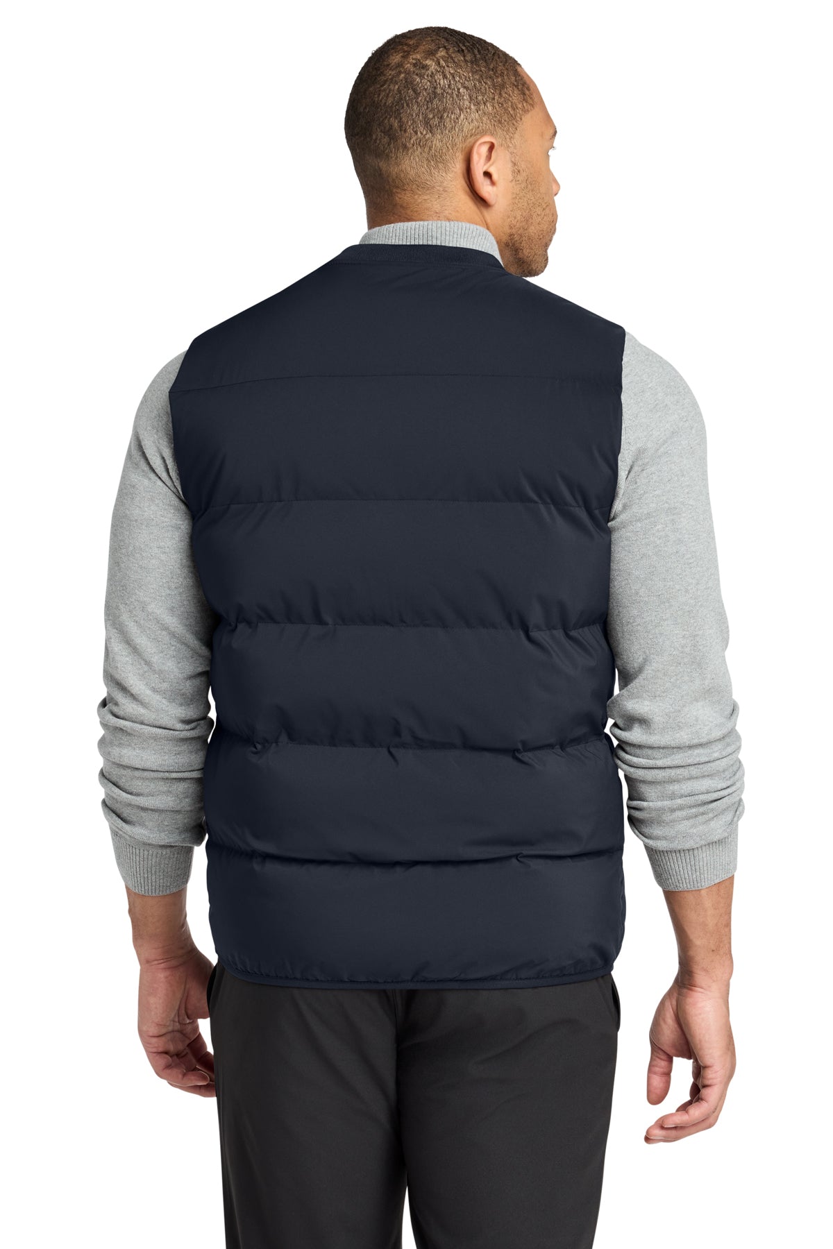 Mercer+Mettle Puffy Vest in Night Navy, back on model