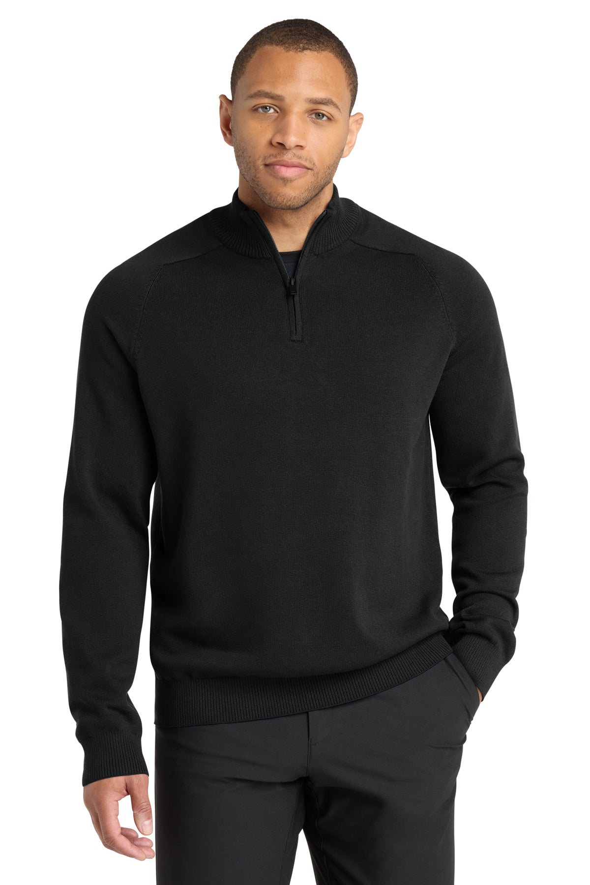 Mercer+Mettle 1/4-Zip Sweater in Deep Black, front on model