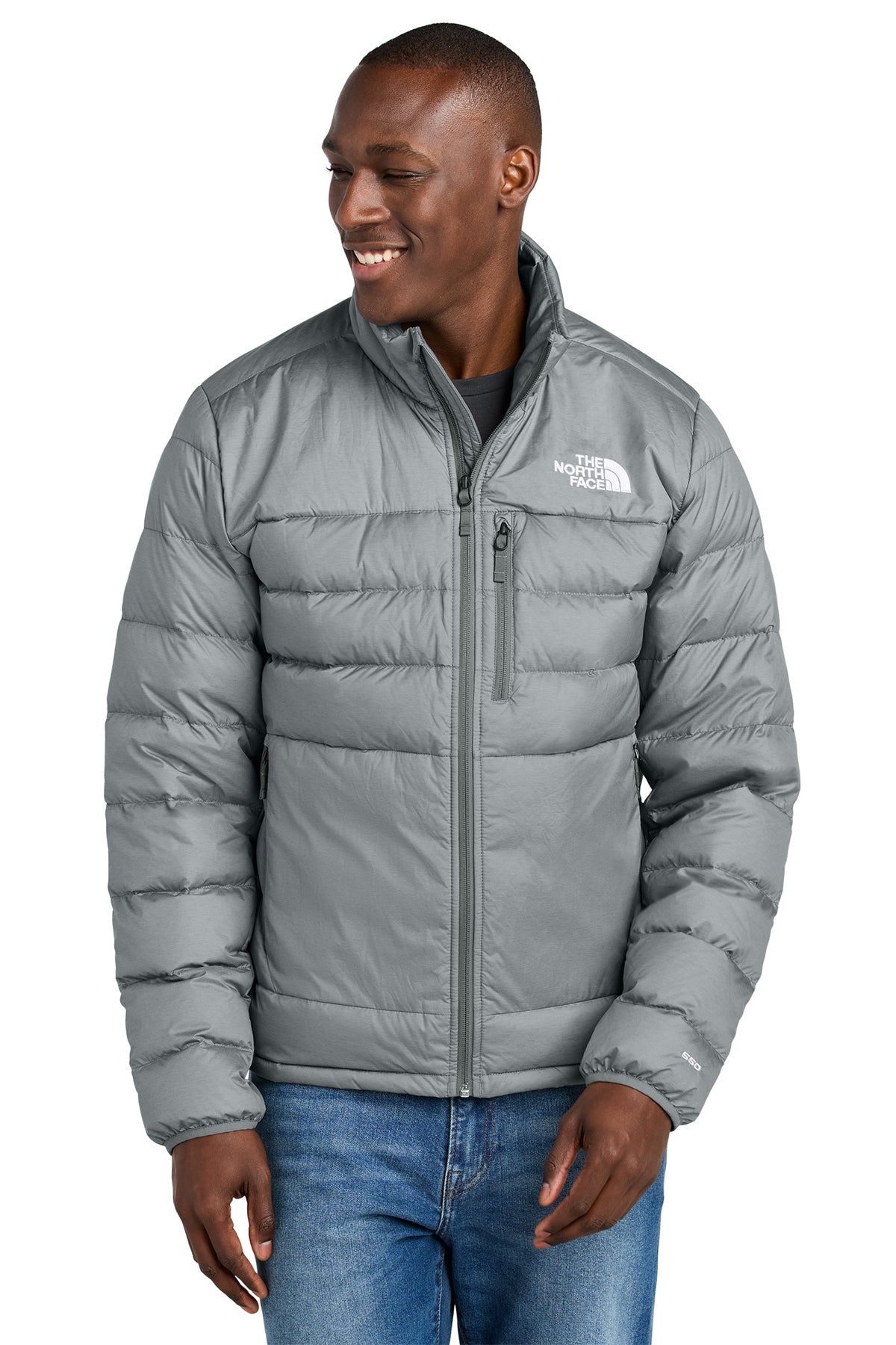 The North Face Down Hybrid Jacket in TNF Medium Grey Heather, front on model