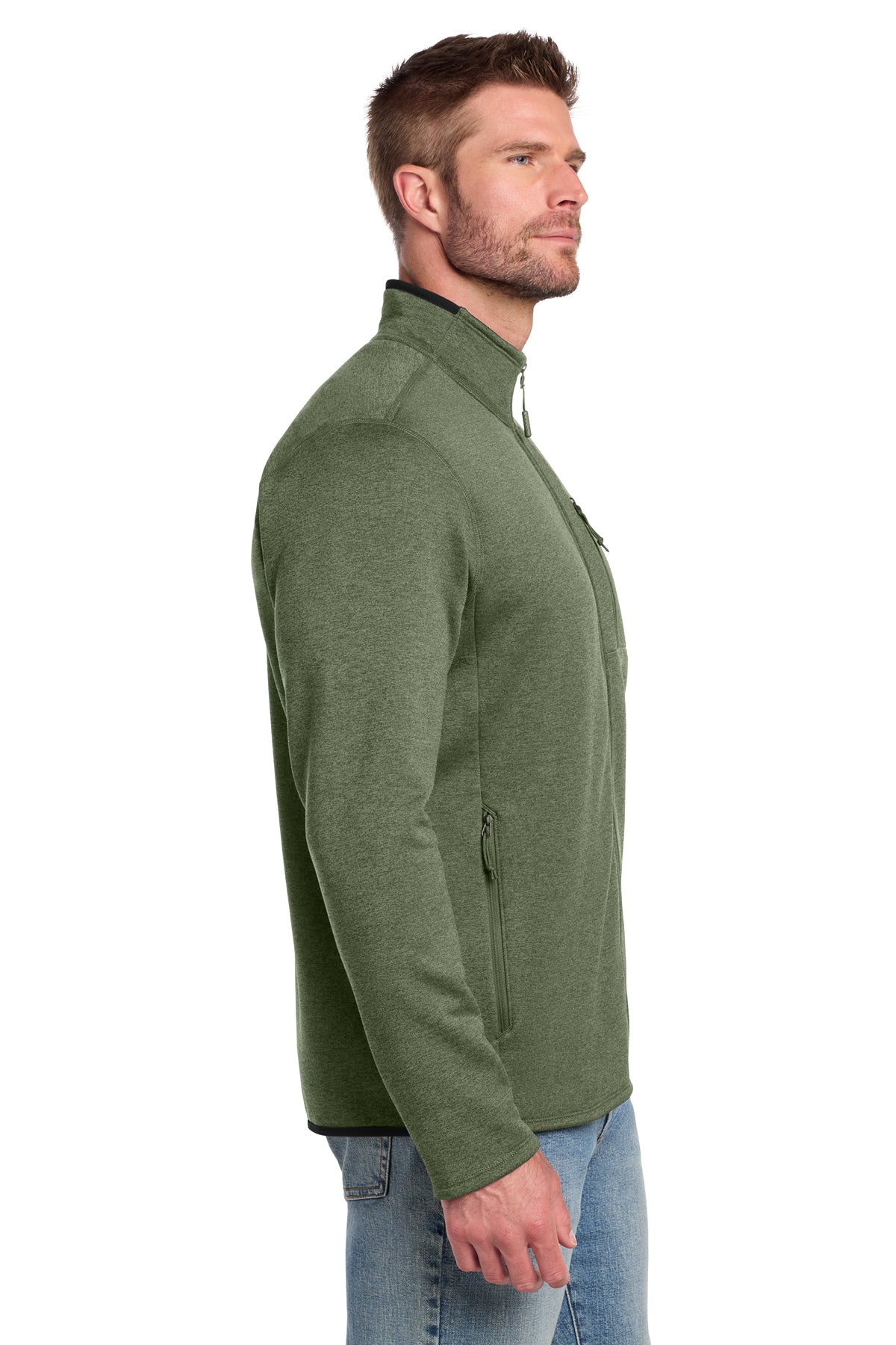 The North Face Skyline Full-Zip Fleece Jacket in Four Leaf Clover Heather, side on model