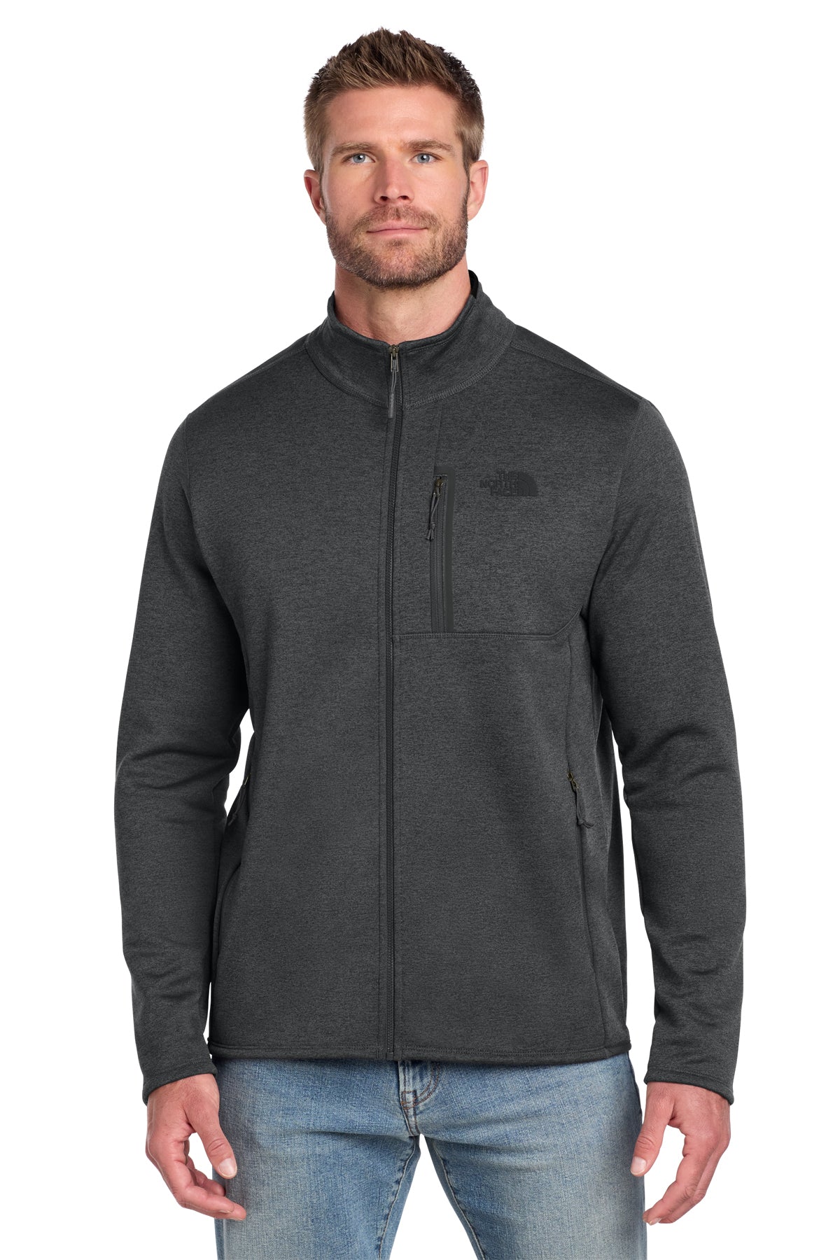 The North Face Skyline Full-Zip Fleece Jacket in TNF Dark Grey Heather, front on model