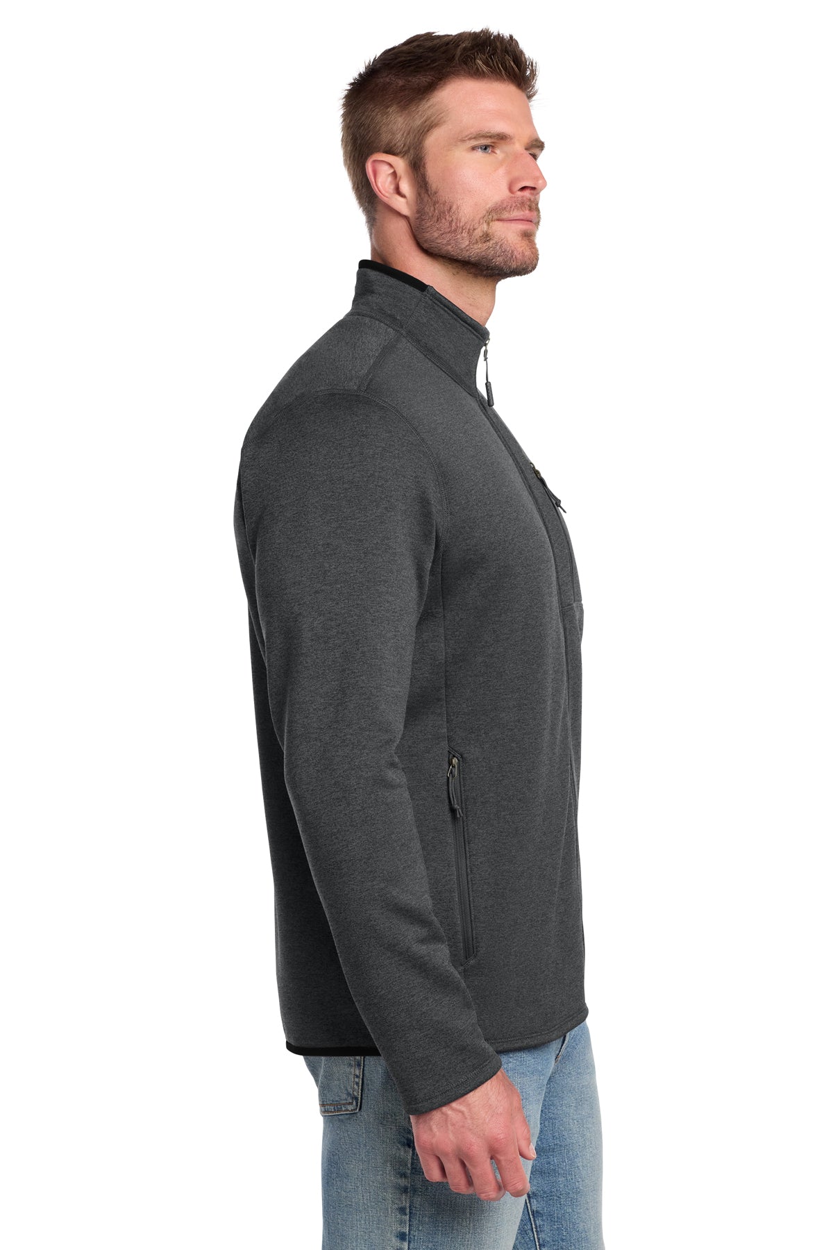 The North Face Skyline Full-Zip Fleece Jacket in TNF Dark Grey Heather, side on model