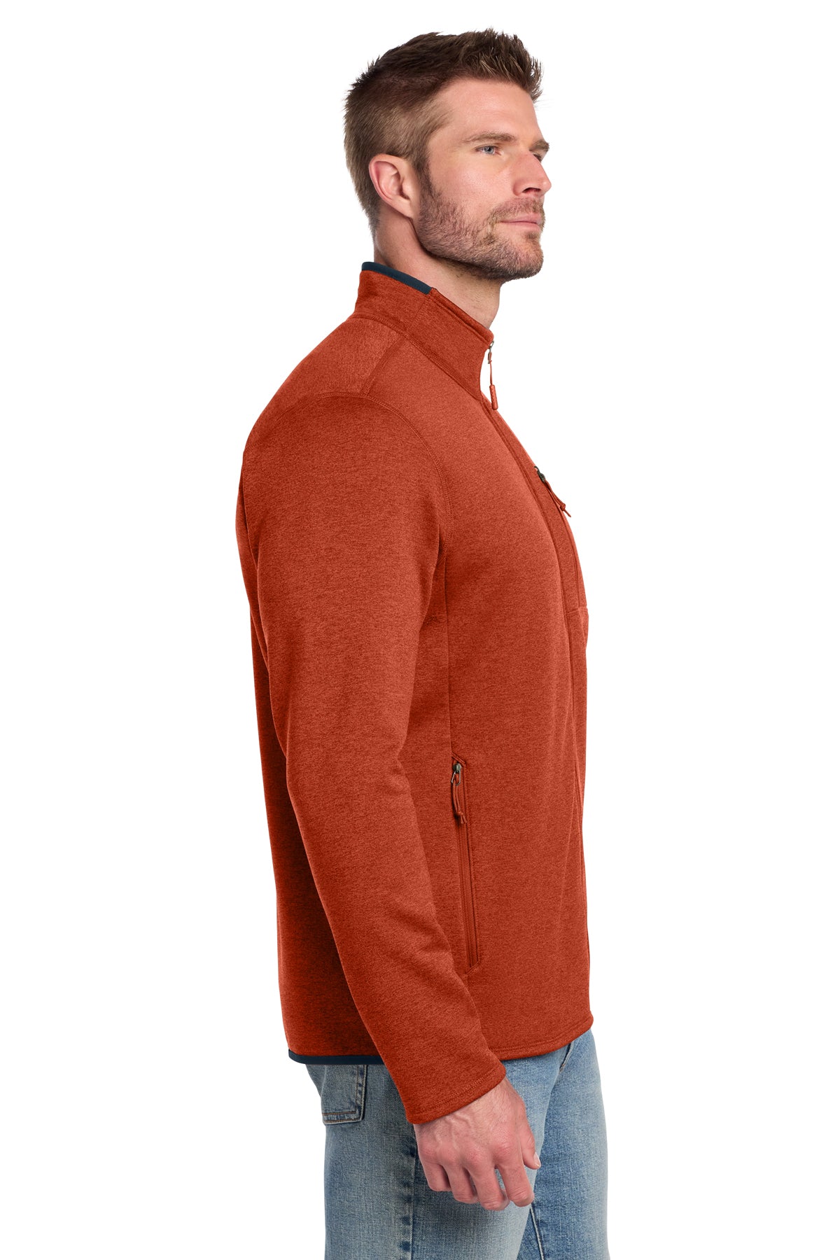 The North Face Skyline Full-Zip Fleece Jacket in Zion Orange Heather/ Urban Navy, side on model