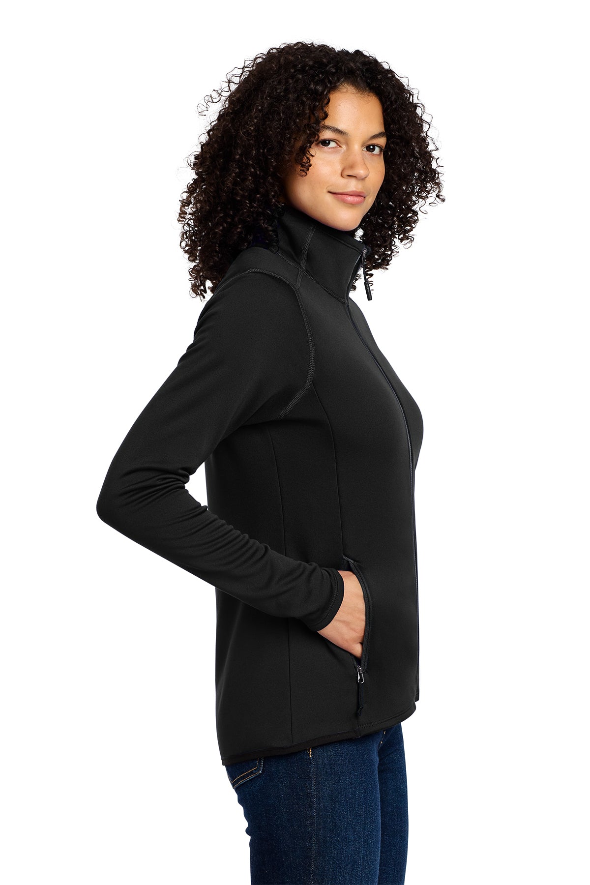 The North Face Women's Skyline Full-Zip Fleece Jacket in TNF Black, side on model