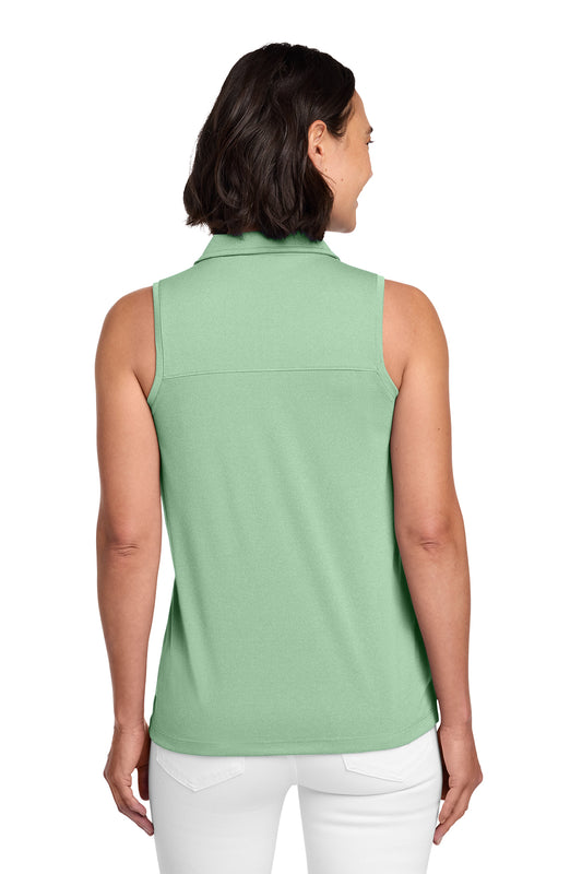 TravisMathew Women's Coto Performance Sleeveless Polo in Beryl Green Heather, back on model