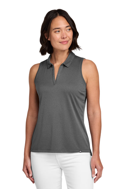 TravisMathew Women's Coto Performance Sleeveless Polo in Quiet Shade Grey/ Black, front on model