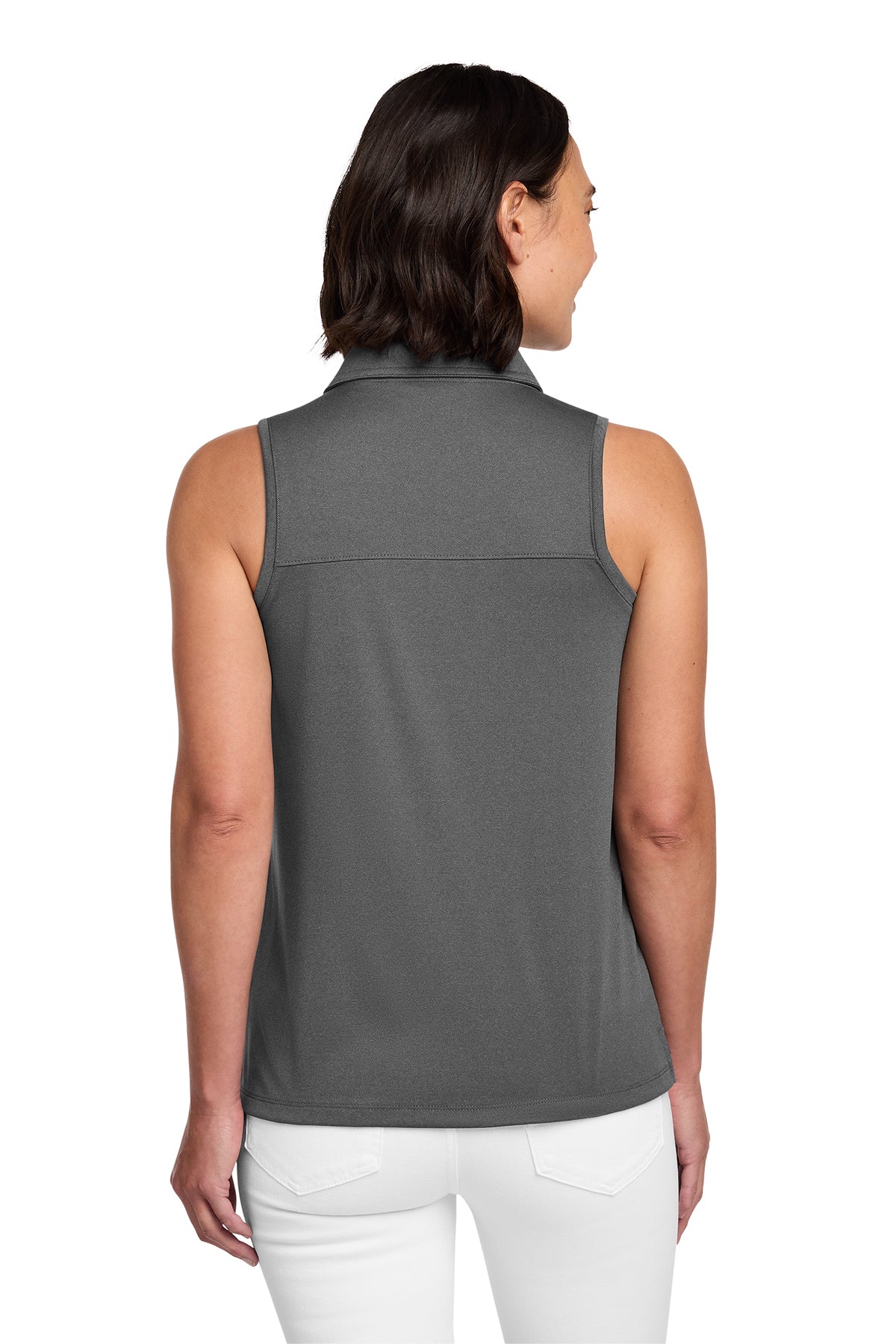 TravisMathew Women's Coto Performance Sleeveless Polo in Quiet Shade Grey/ Black, back on model