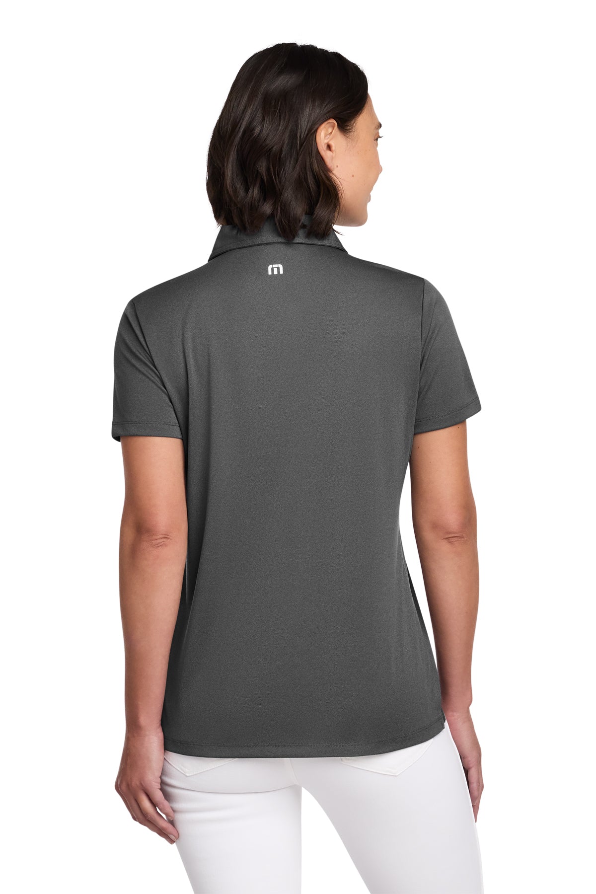 TravisMathew Women's Coto Performance Polo in Quiet Shade Grey/ Black, back on model