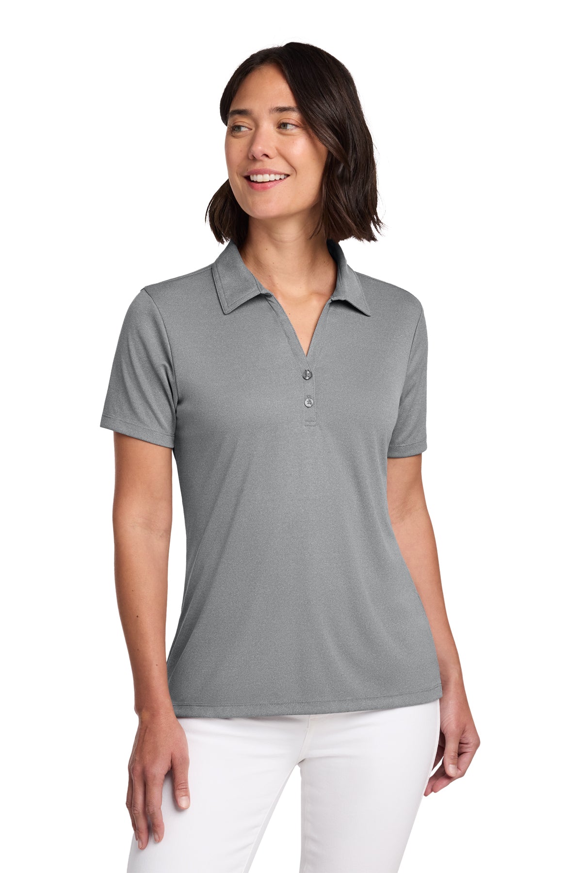 TravisMathew Women's Coto Performance Polo in Quiet Shade Grey Heather, front on model